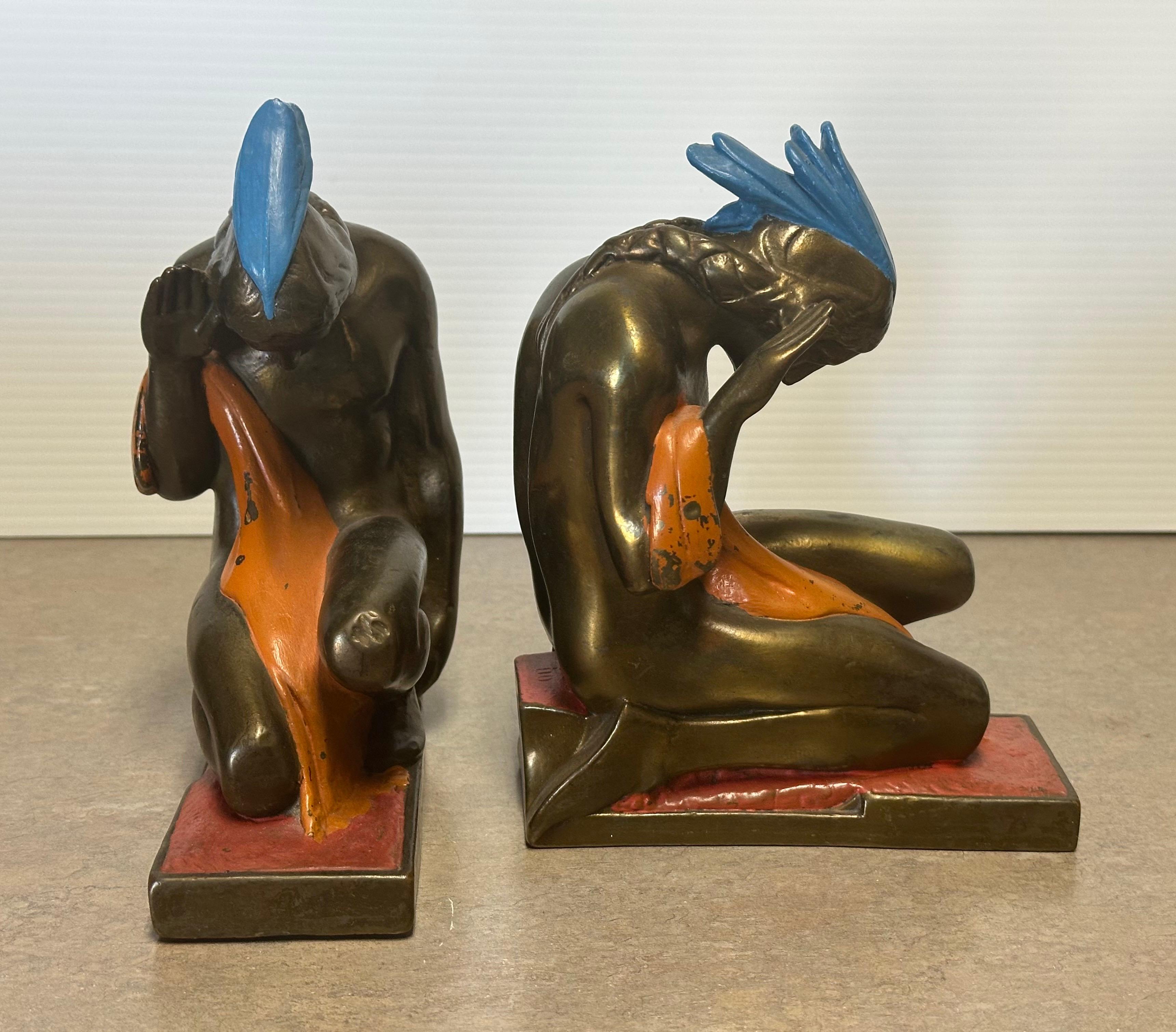 Pair of Bronze-Clad Indian Braves Bookends by Paul Herzel for Pompeian Bronze Co For Sale 1