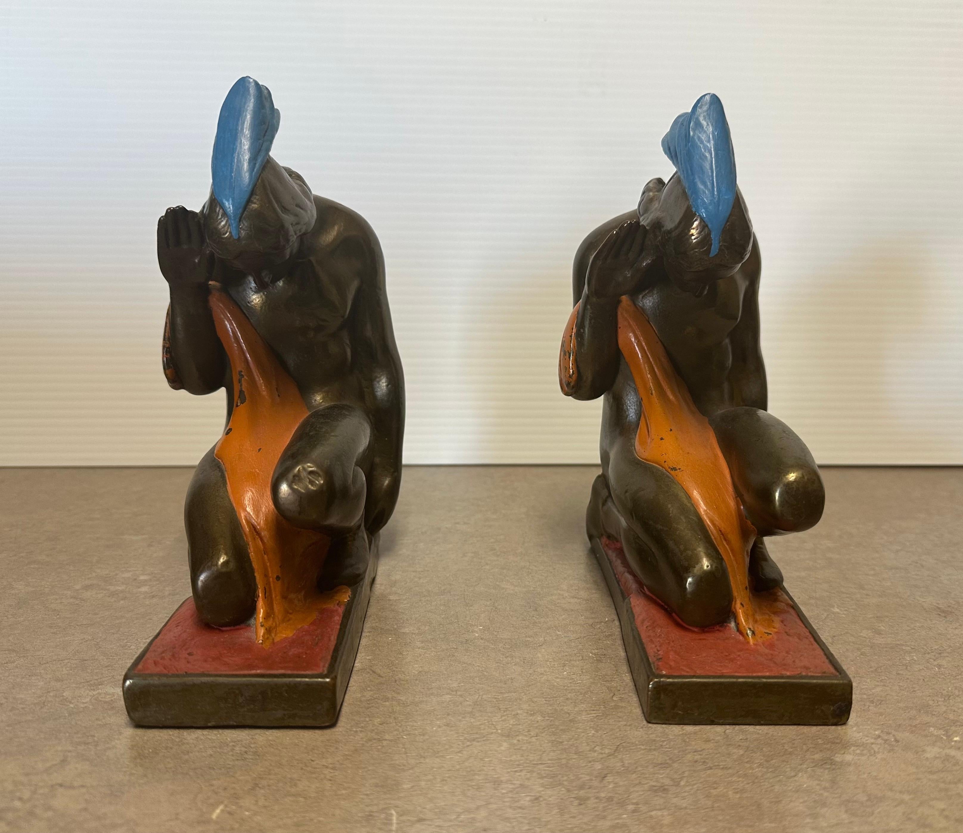 Pair of Bronze-Clad Indian Braves Bookends by Paul Herzel for Pompeian Bronze Co For Sale 2