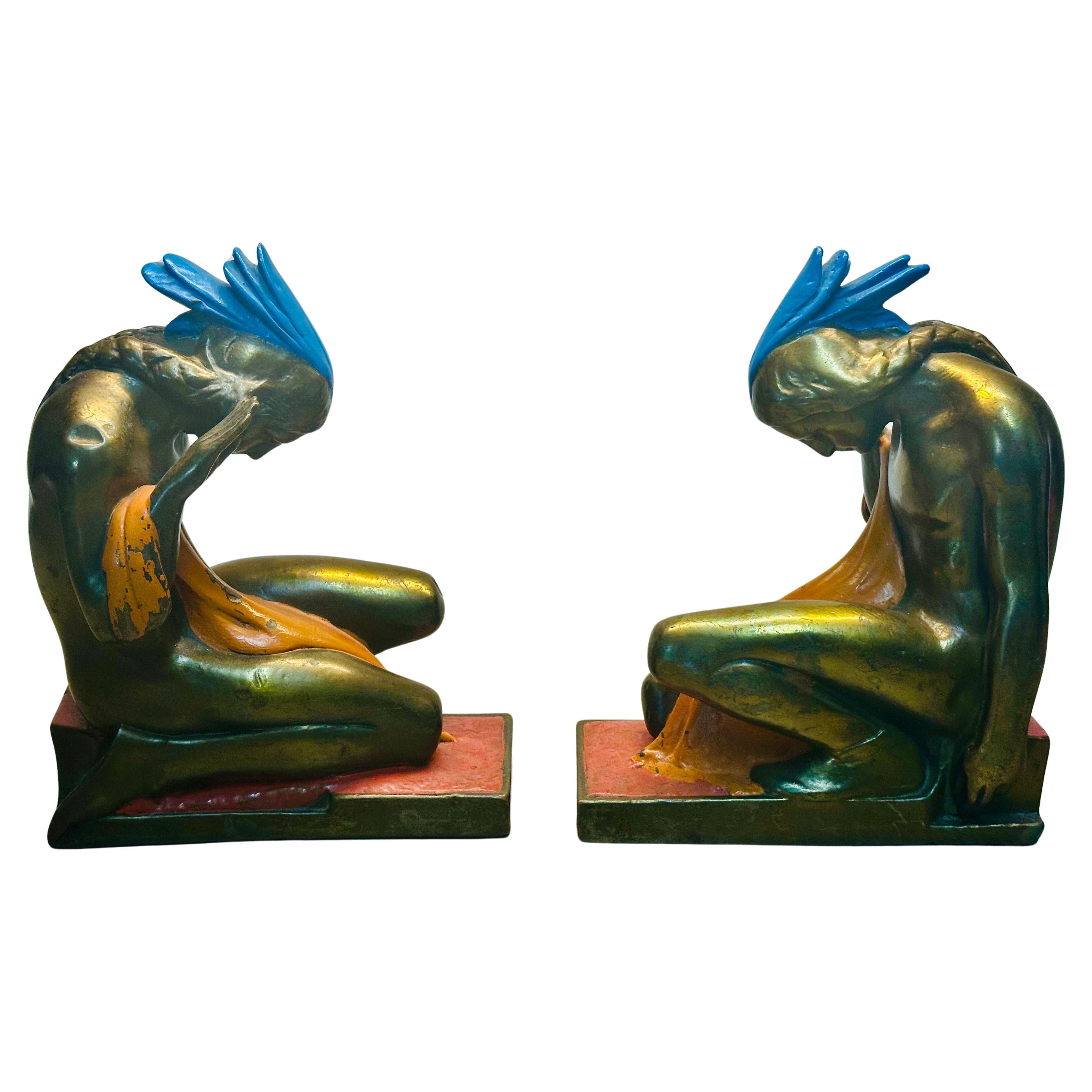 Pair of Bronze-Clad Indian Braves Bookends by Paul Herzel for Pompeian Bronze Co For Sale