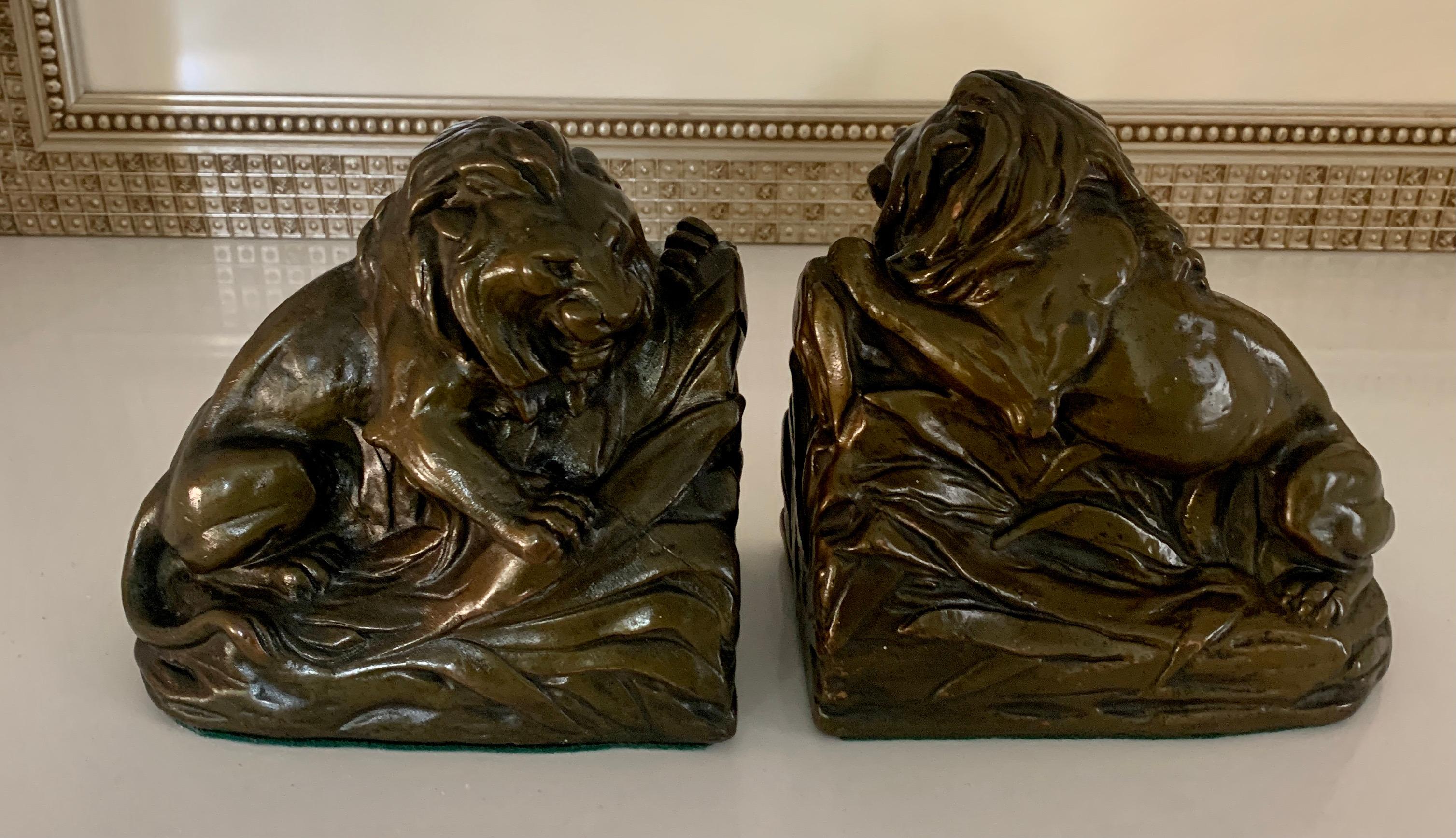 Rustic Pair of Bronze Clad Lion Bookends