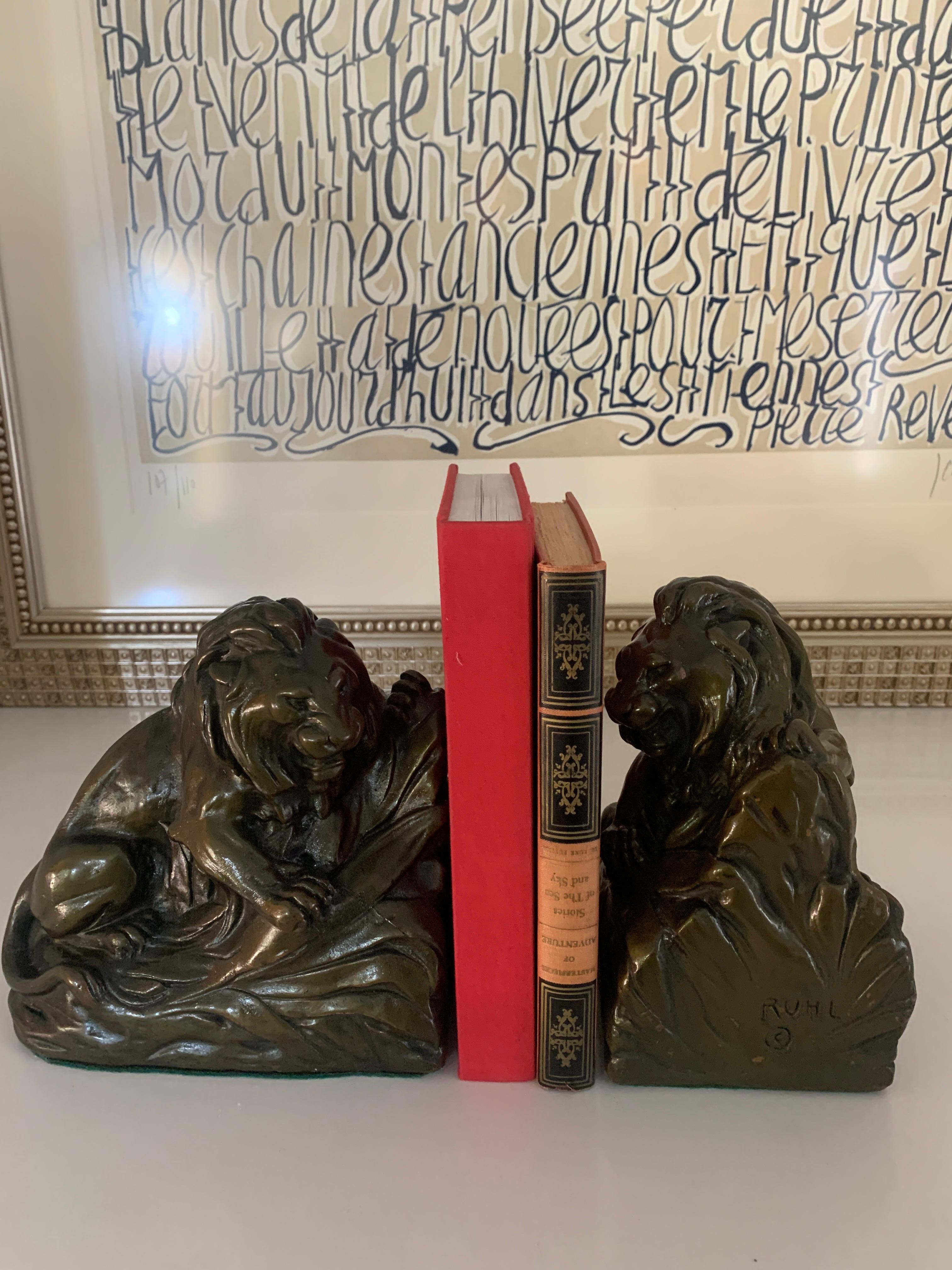20th Century Pair of Bronze Clad Lion Bookends