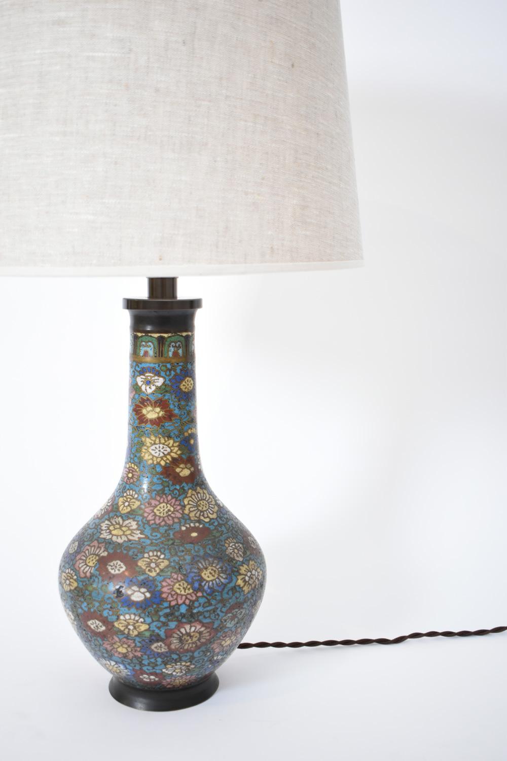 Pair of bronze cloisonné enamel vases with brown patina and mounted as lamps. Japan, late 19th c.