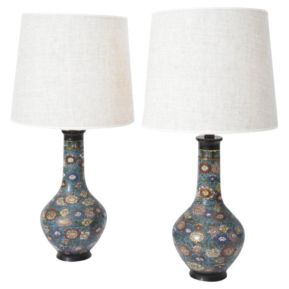 Pair of bronze cloisonné enamel lamps, XIXth c