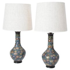 Pair of bronze cloisonné enamel lamps, XIXth c