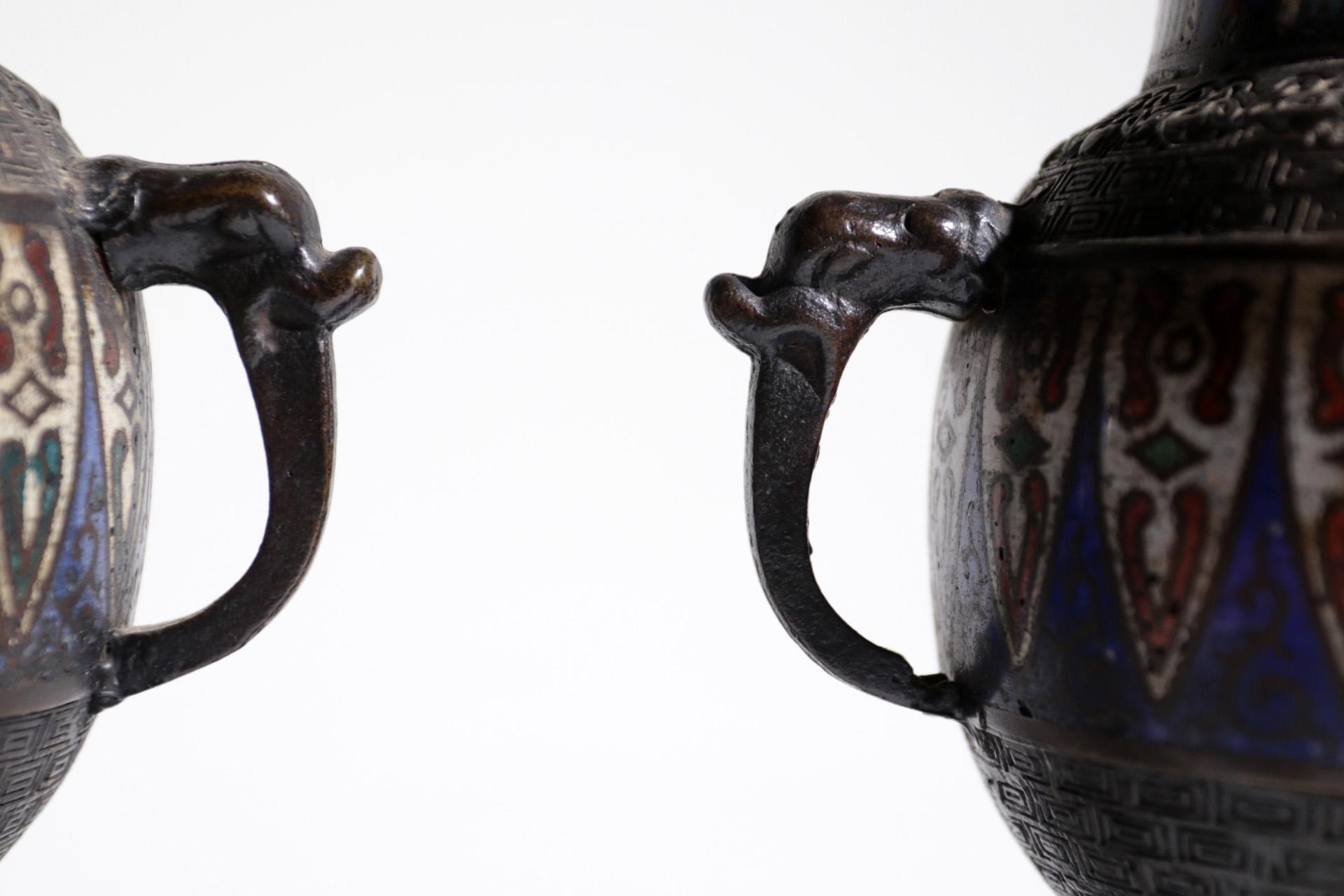 Pair of Bronze Cloisonné Vases Japan Champlevé, 19th Century For Sale 2