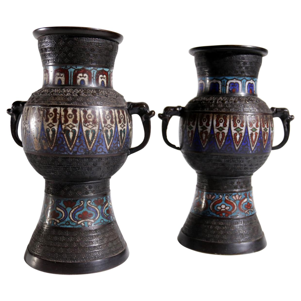 Pair of Bronze Cloisonné Vases Japan Champlevé, 19th Century For Sale