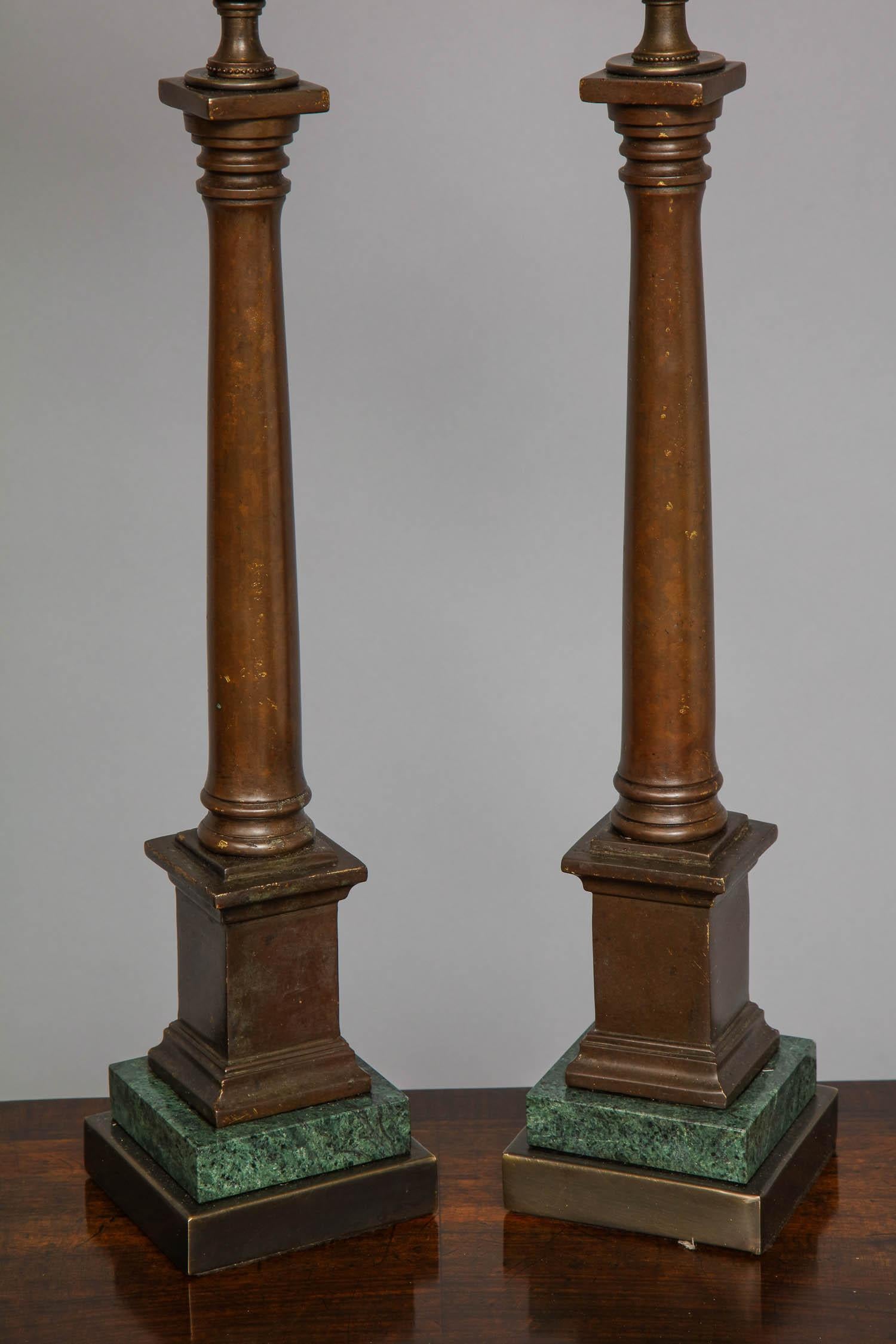 Late 19th Century Pair of Bronze Column Lamps