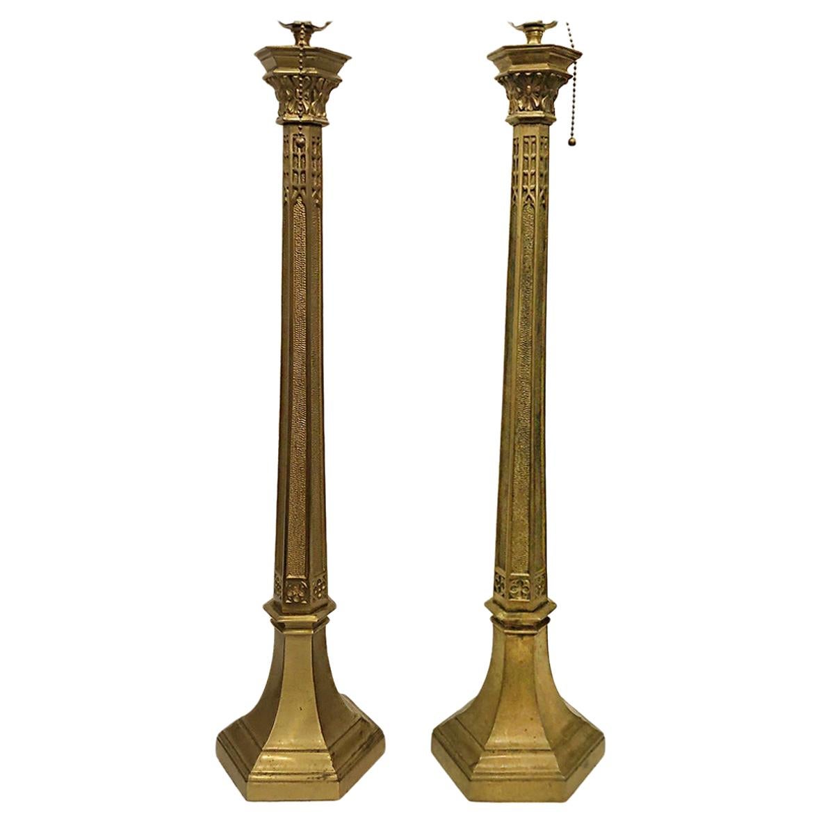 Pair of Bronze Column Lamps