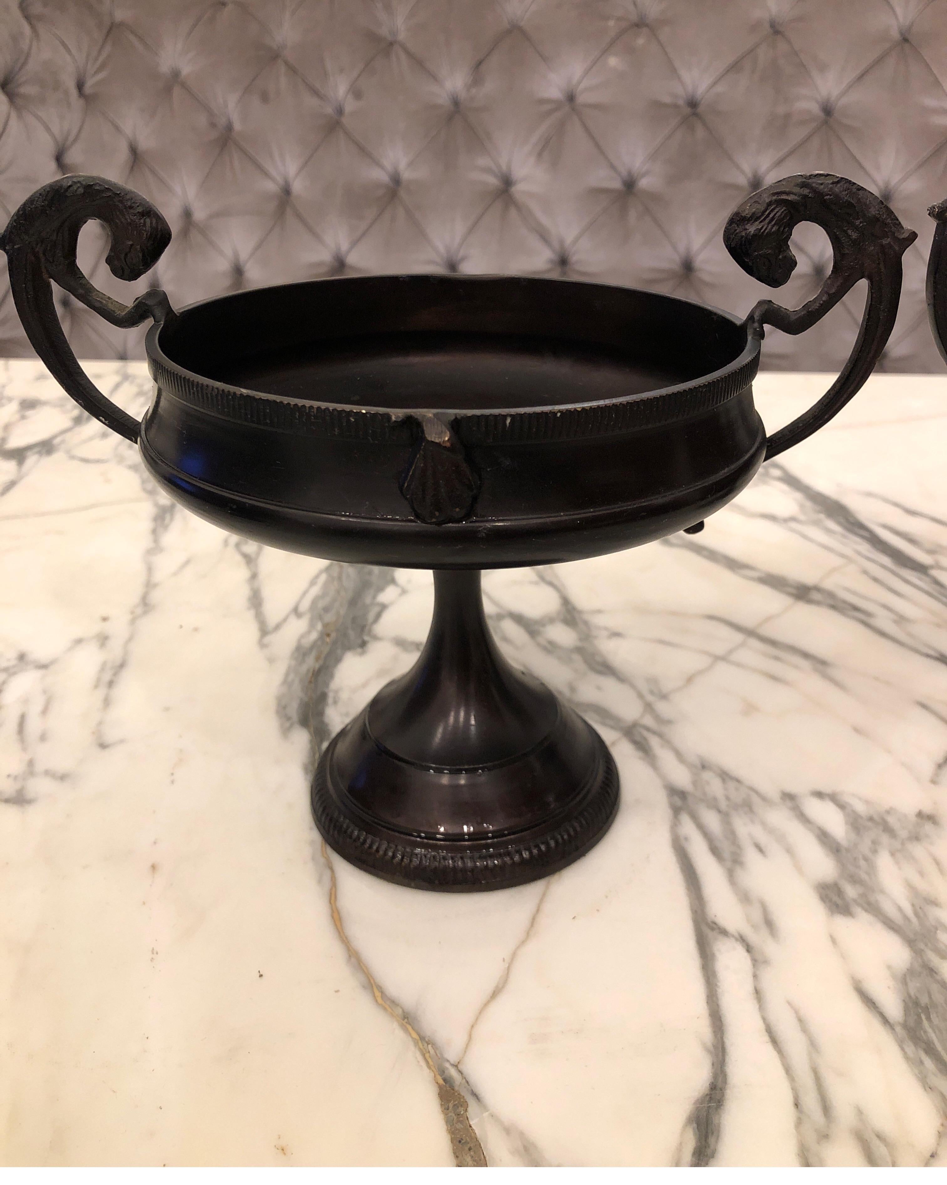 Pair of Bronze Compotes with Dragon Lion Handles In Good Condition In Los Angeles, CA