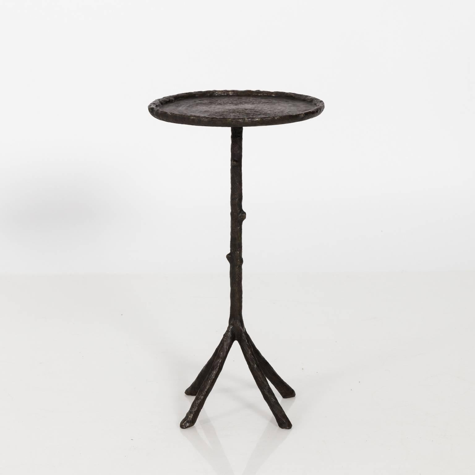 Pair of mid-20th century bronze Corbin Winston twig round side tables, with three-legged pedestals.
 