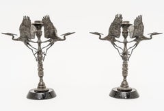 Pair of Bronze Crane Candlesticks