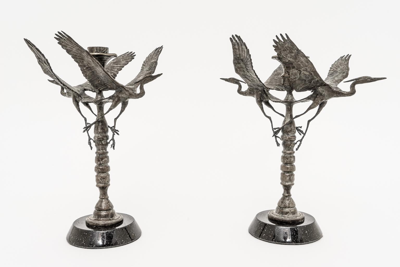 Anglo-Japanese Pair of Bronze Crane Candlesticks For Sale