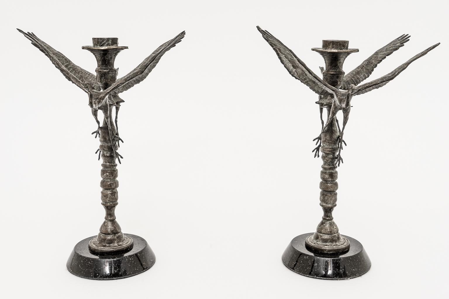American Pair of Bronze Crane Candlesticks For Sale