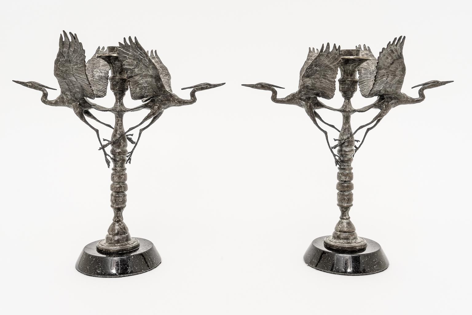 Cast Pair of Bronze Crane Candlesticks For Sale