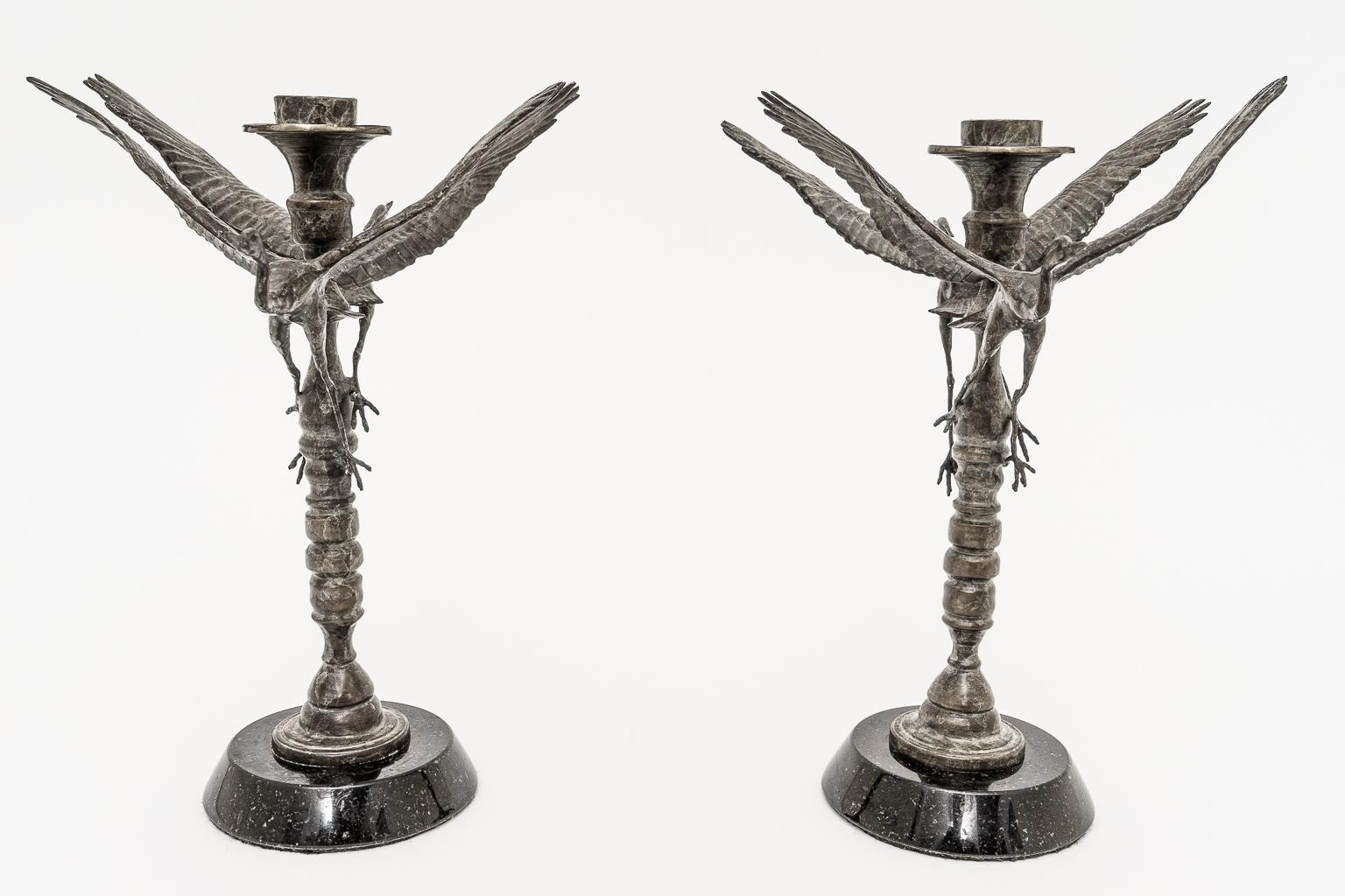 Pair of Bronze Crane Candlesticks In Good Condition For Sale In West Palm Beach, FL