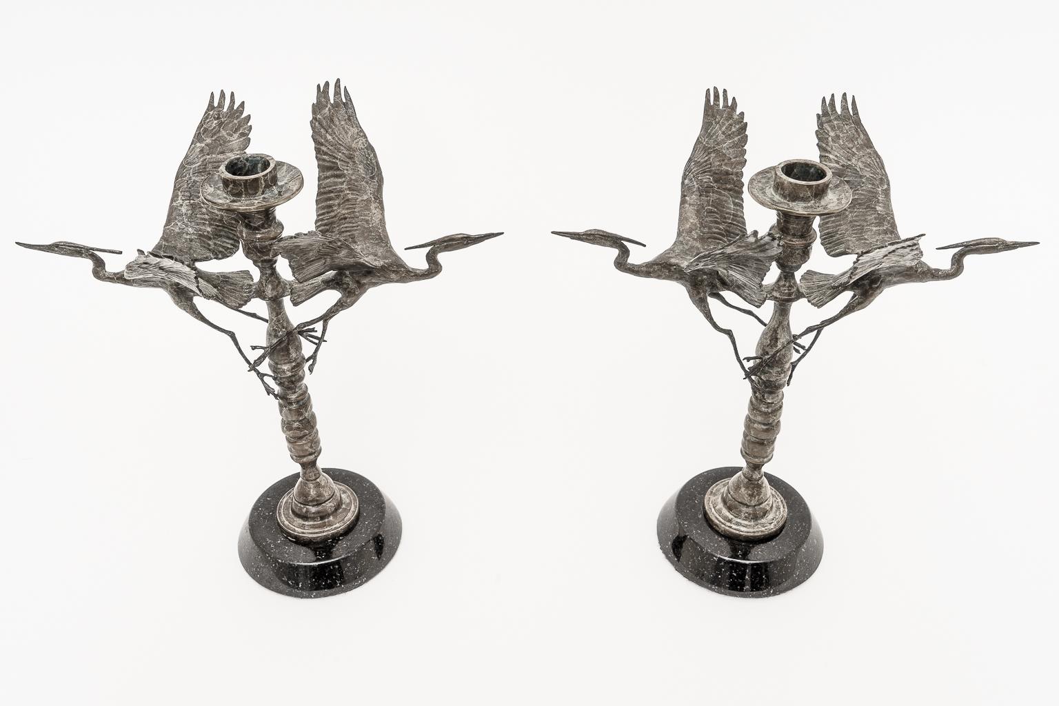 20th Century Pair of Bronze Crane Candlesticks For Sale