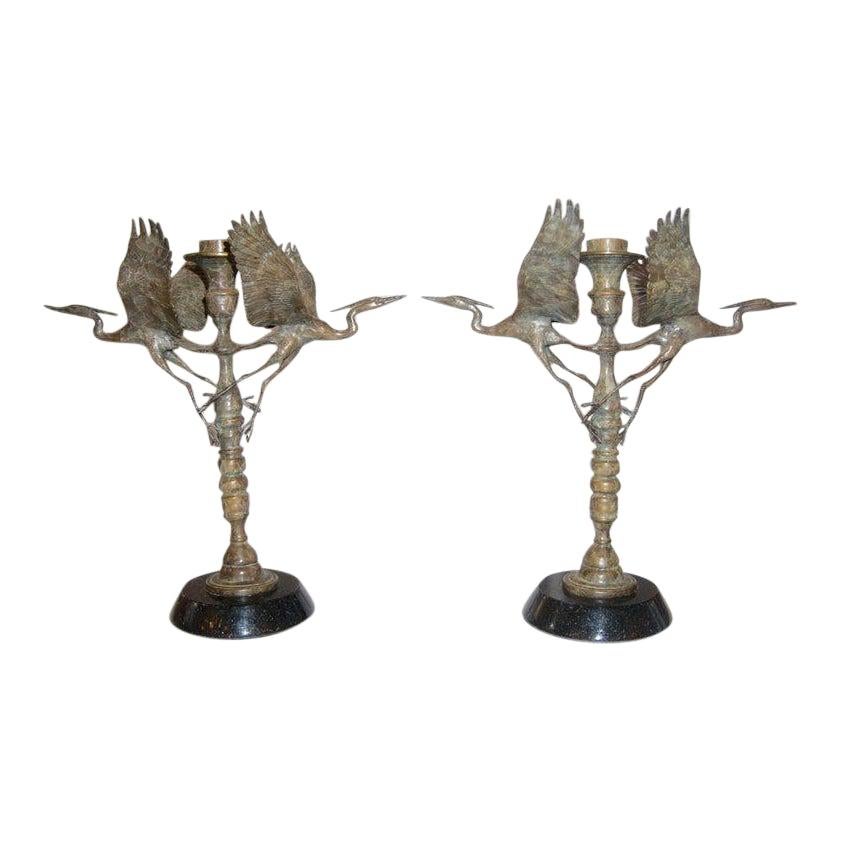 Pair of Bronze Crane Candlesticks For Sale