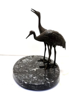 Pair of Bronze Cranes on Marble Base, Table Business Card Holder, 1920's