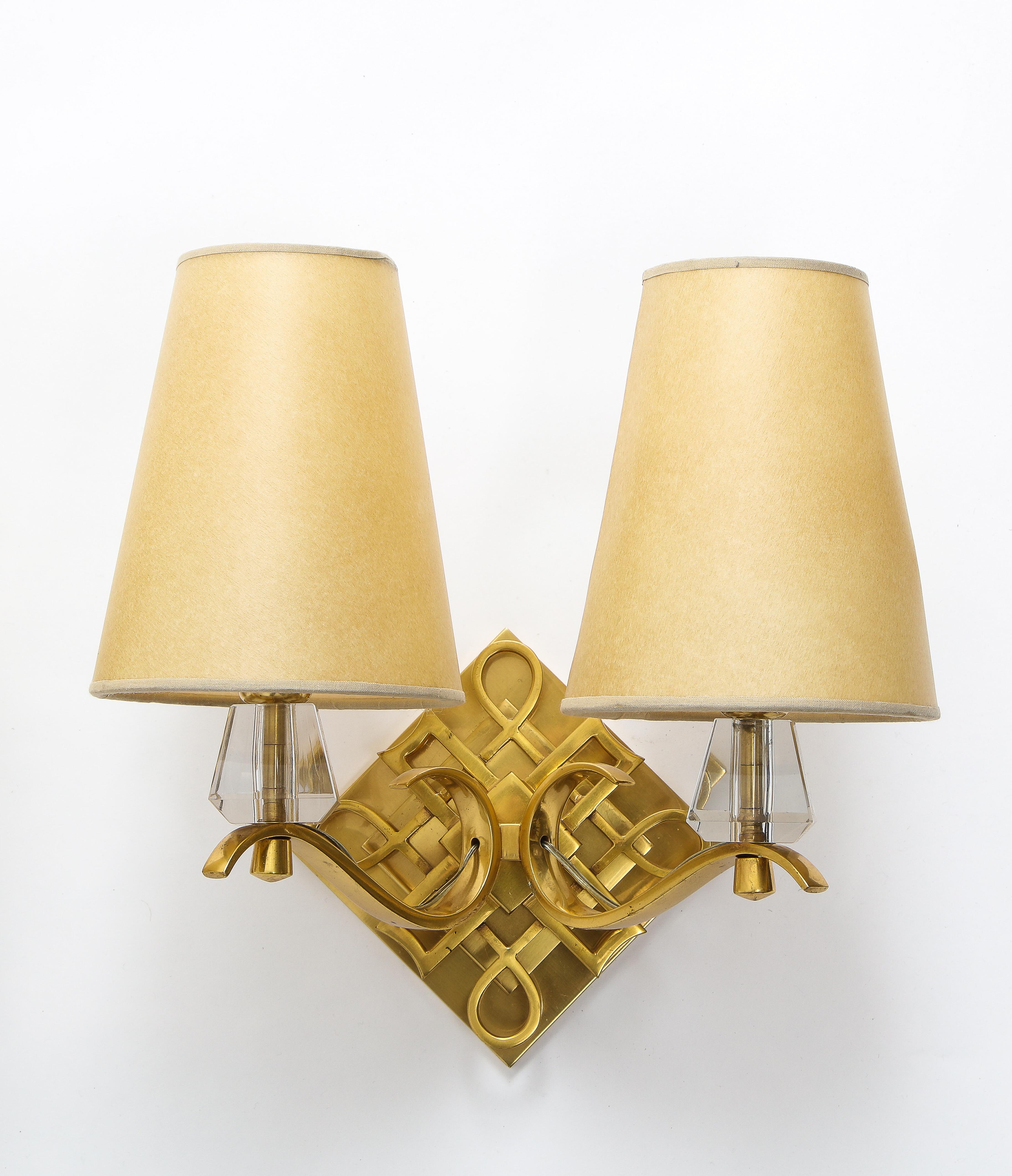 Mid-Century Modern Pair of Bronze and Crystal Sconces by Jules Leleu, France, 1960s