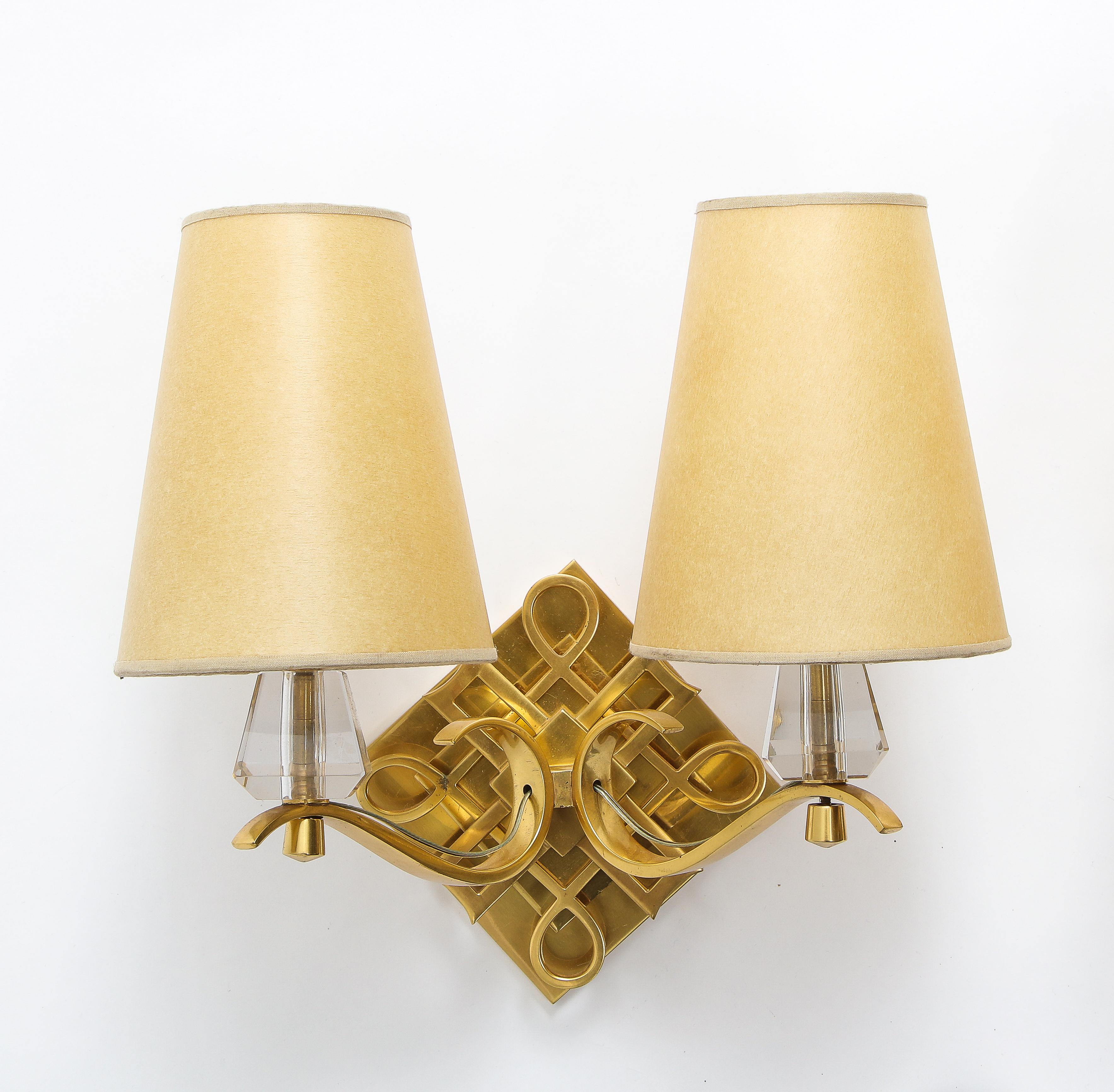 French Pair of Bronze and Crystal Sconces by Jules Leleu, France, 1960s