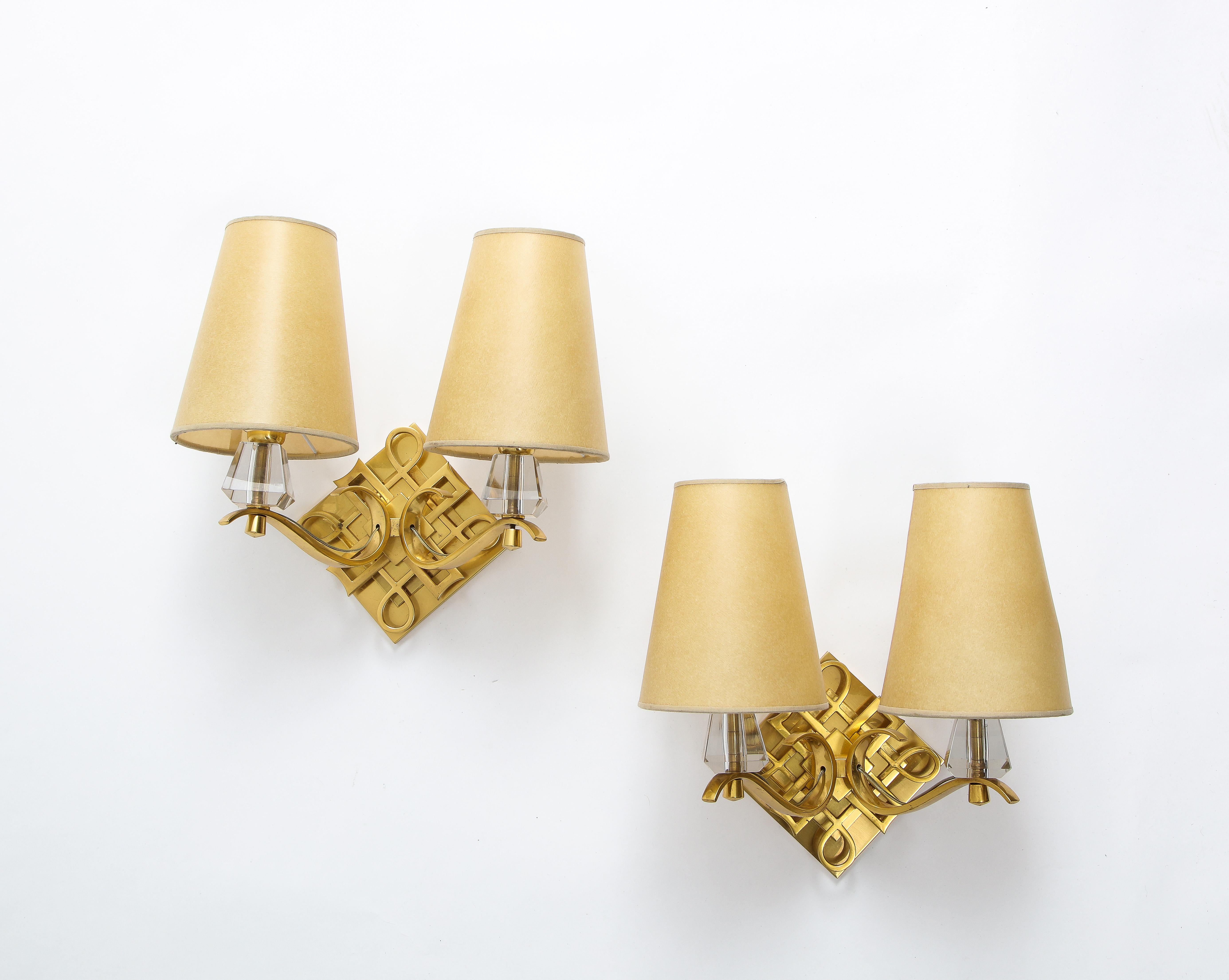 Gilt Pair of Bronze and Crystal Sconces by Jules Leleu, France, 1960s