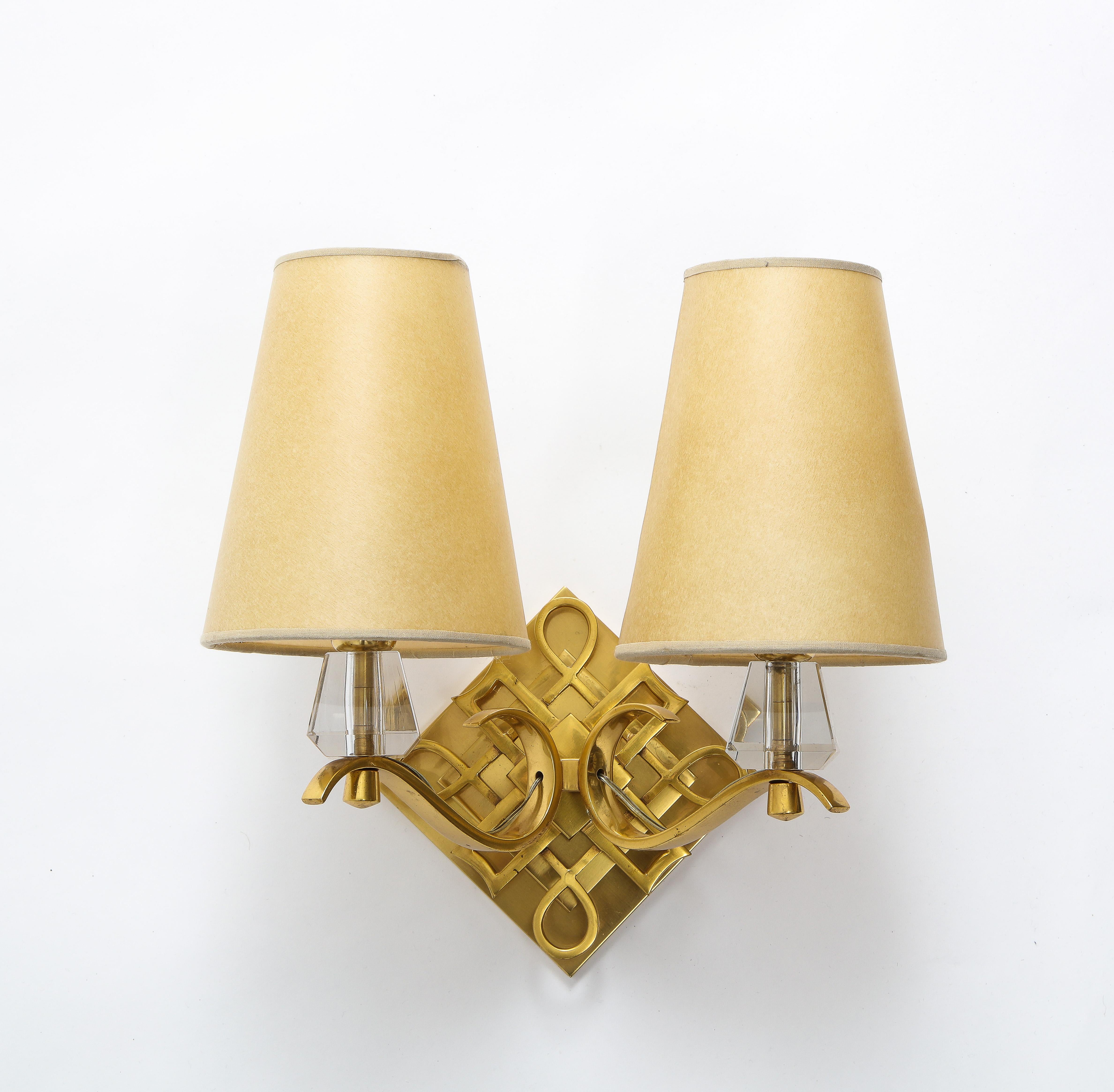 Pair of Bronze and Crystal Sconces by Jules Leleu, France, 1960s In Good Condition In New York, NY