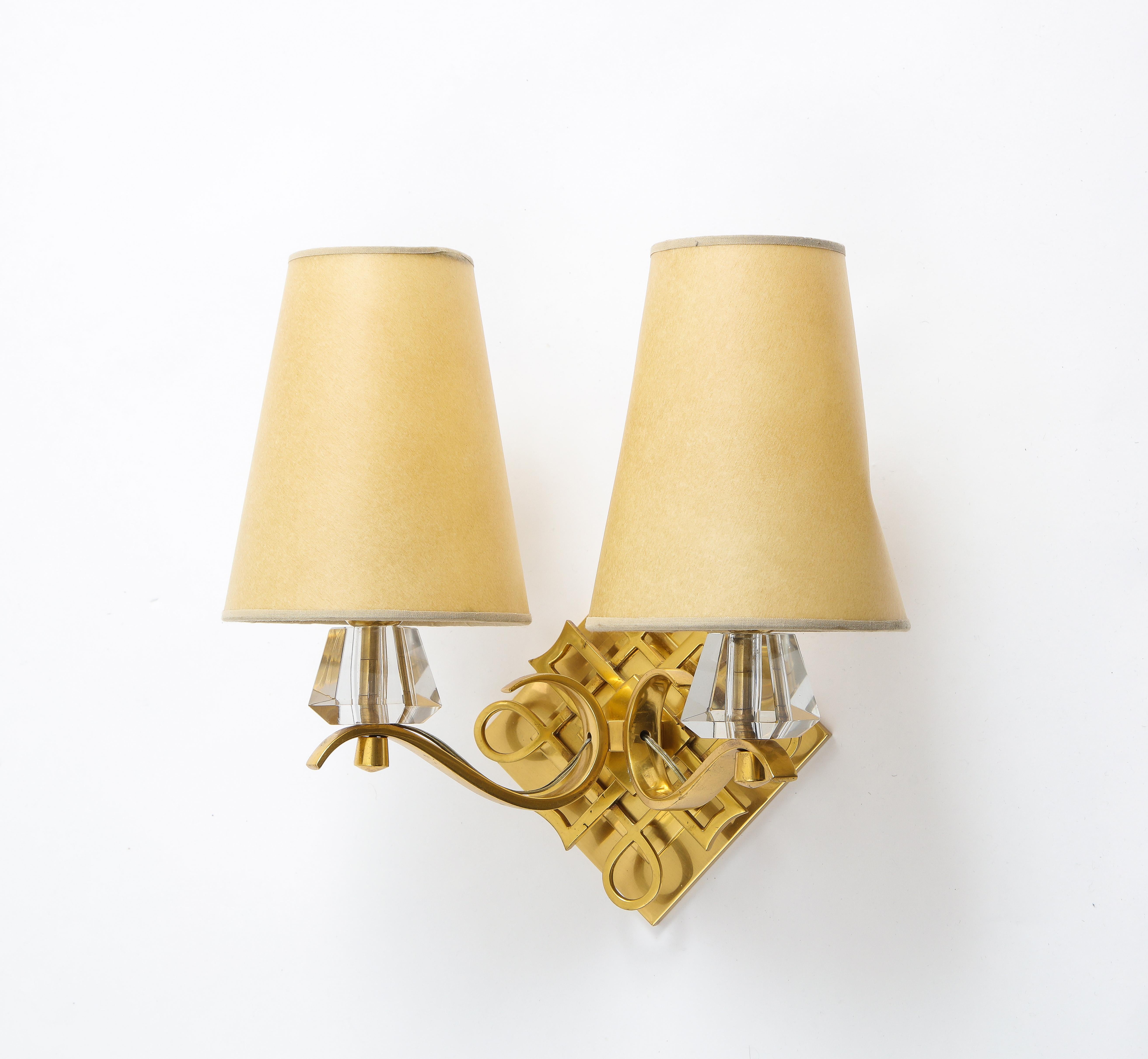 20th Century Pair of Bronze and Crystal Sconces by Jules Leleu, France, 1960s