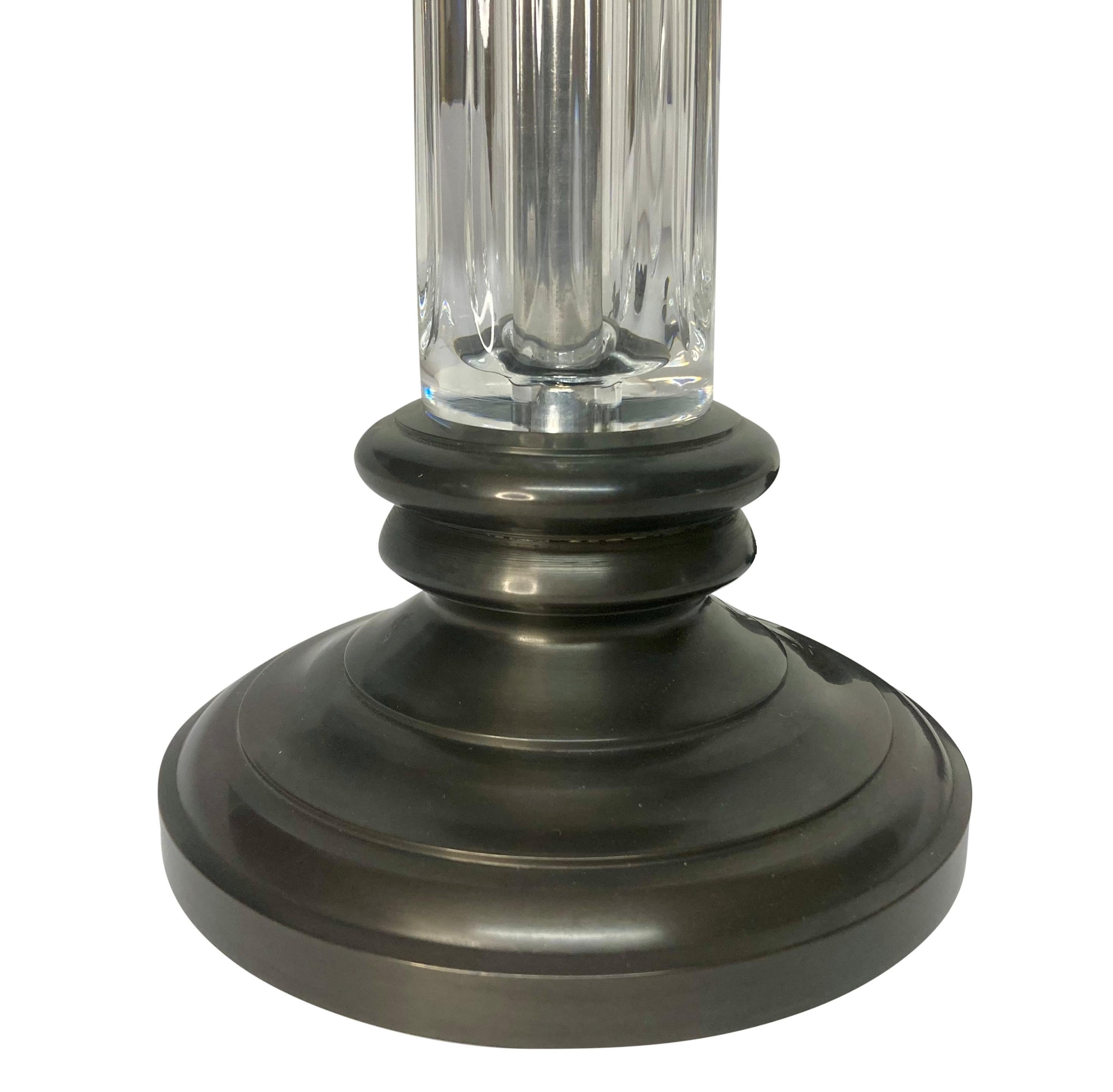 Mid-20th Century Pair Of Bronze & Cut Glass Column Lamps For Sale