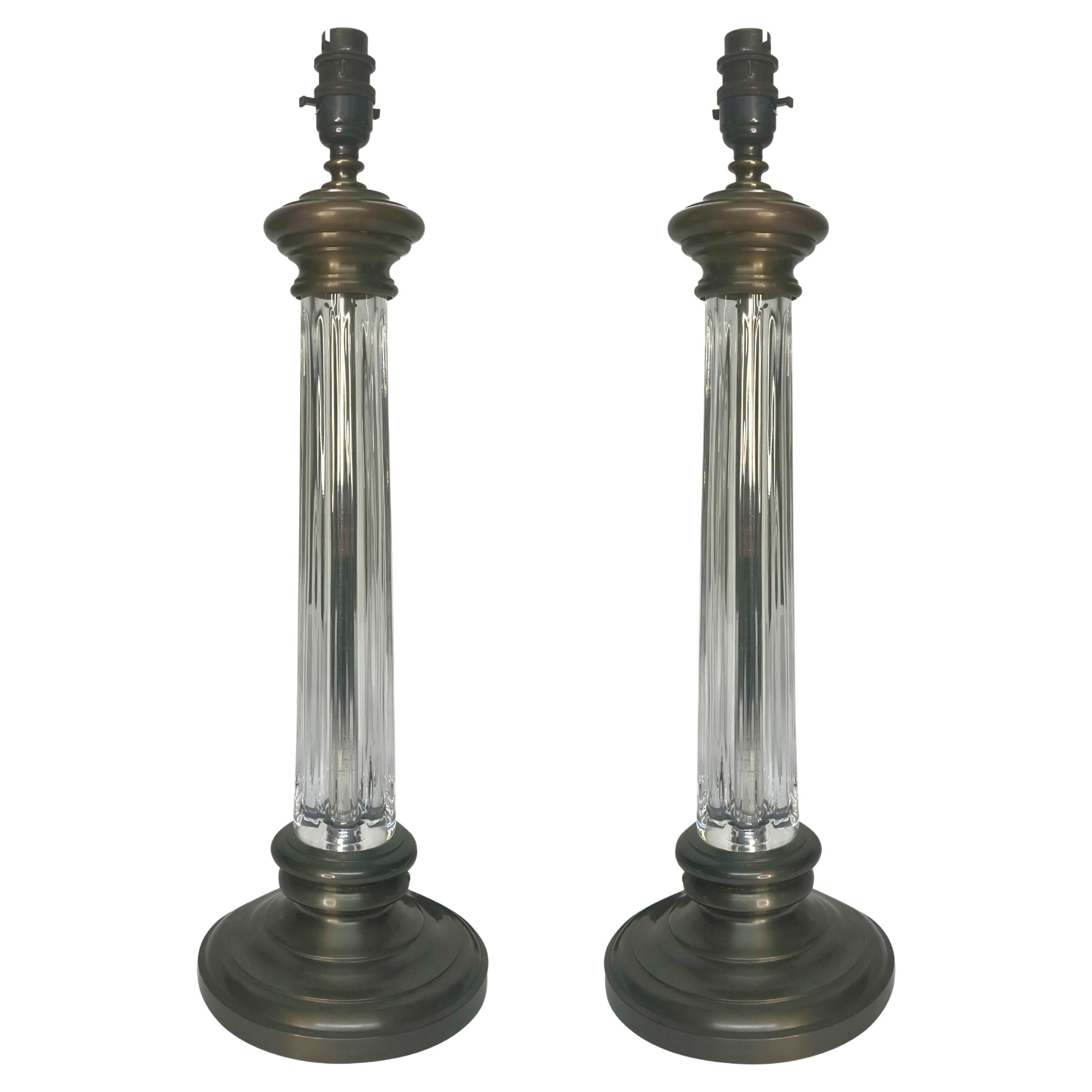 Pair Of Bronze & Cut Glass Column Lamps For Sale