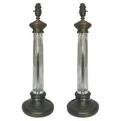 Vintage Pair Of Bronze & Cut Glass Column Lamps