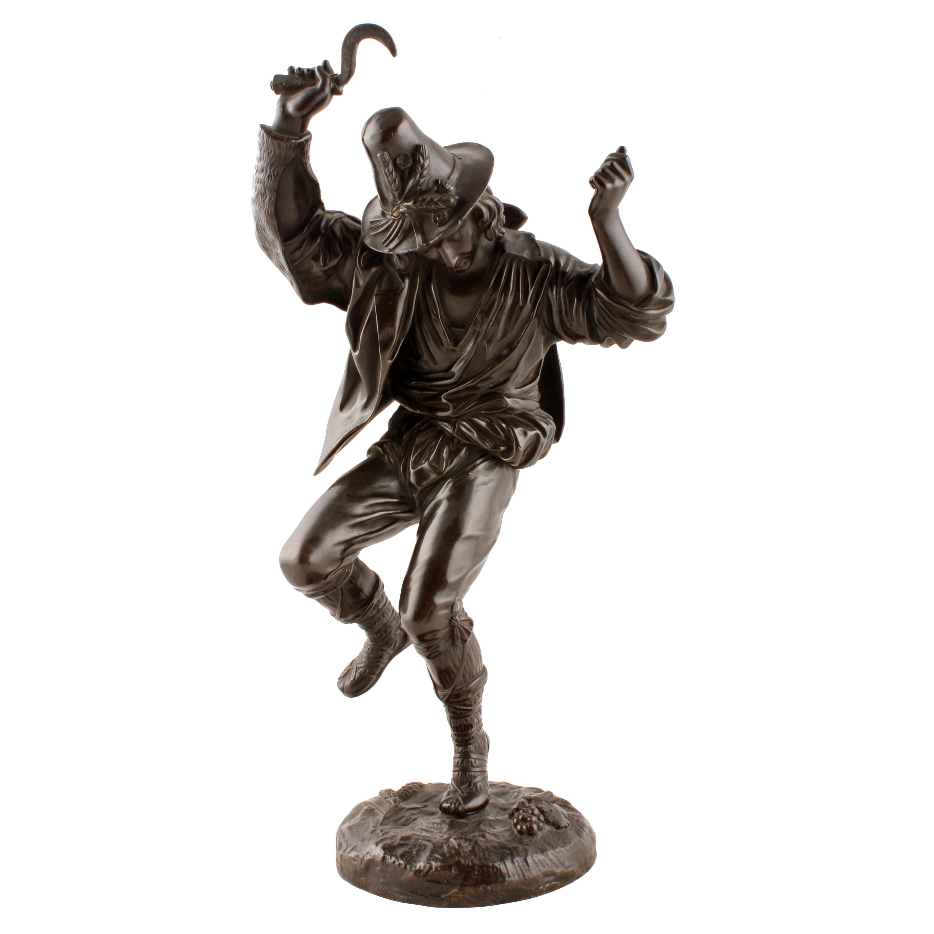 
A pair of 19th century bronze male and female figures of dancing peasants.

The female figure is of a young lady dancing and playing a tambourine in a flowing dress and with grapes and wheat at her feet.

The male figure is of a young man