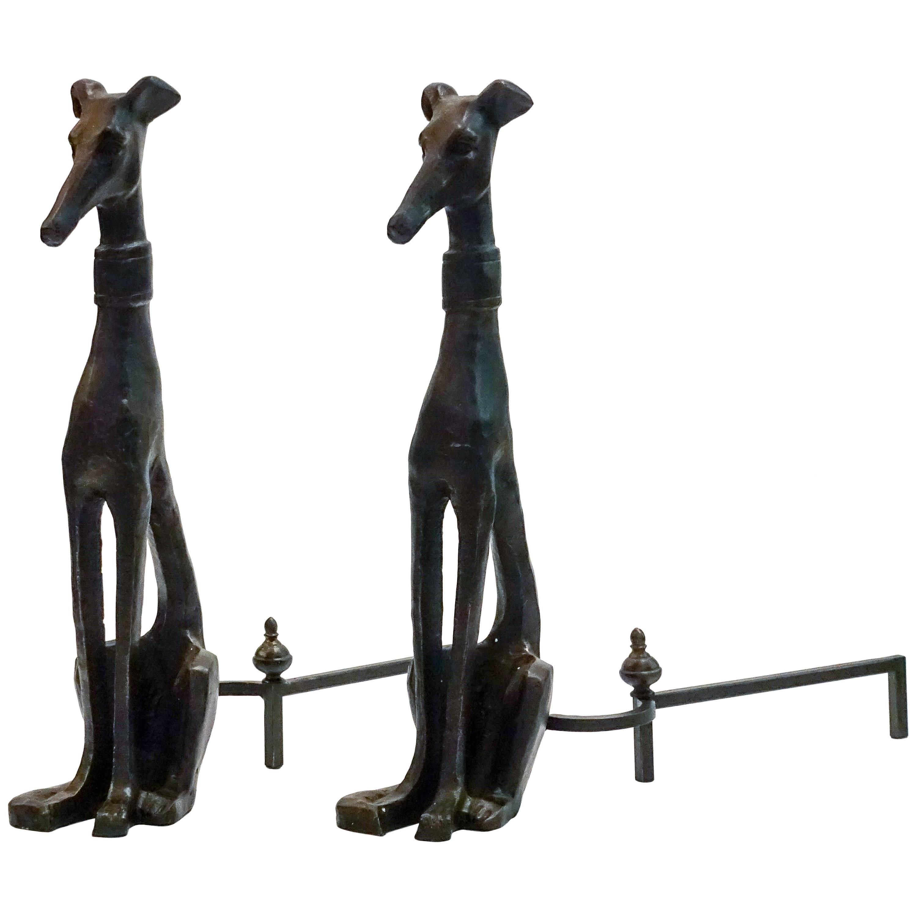 Pair of Bronze Dog with Collar Andirons