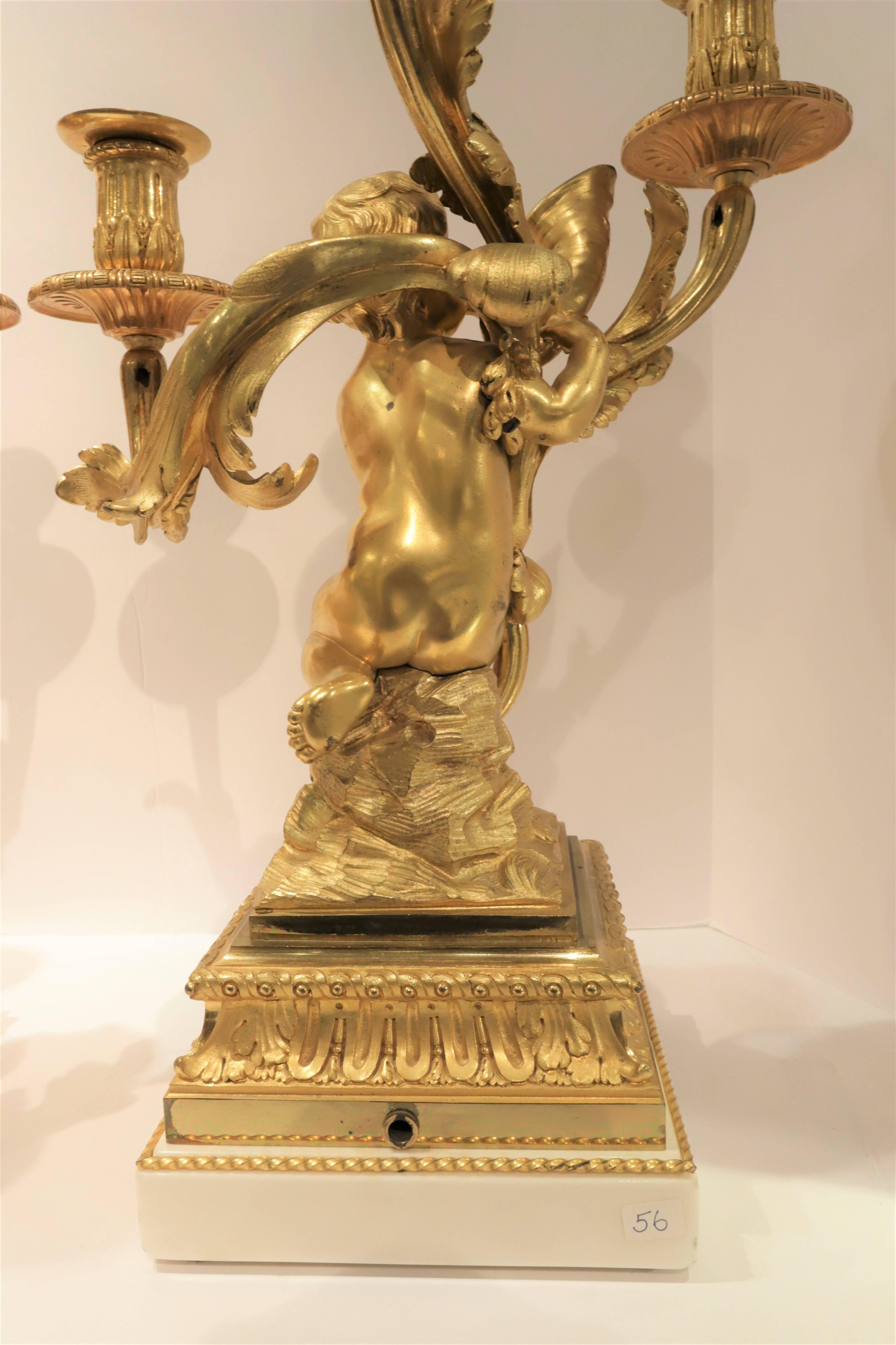 French Pair of Bronze Dore and Marble Cherub Candelabras Signed Henry Dasson