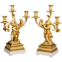 Pair of Bronze Dore and Marble Cherub Candelabras Signed Henry Dasson