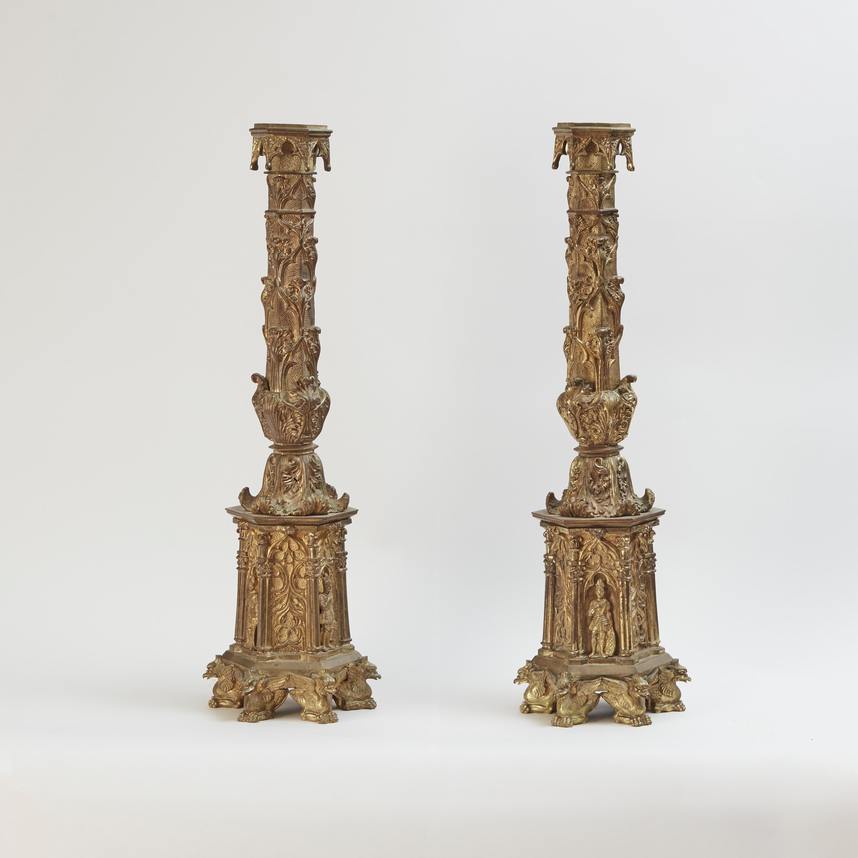 Pair of Bronze Dore Candlestick Lamps in Gothic Taste Circa 1850
Measures: 8 Diam at base
25