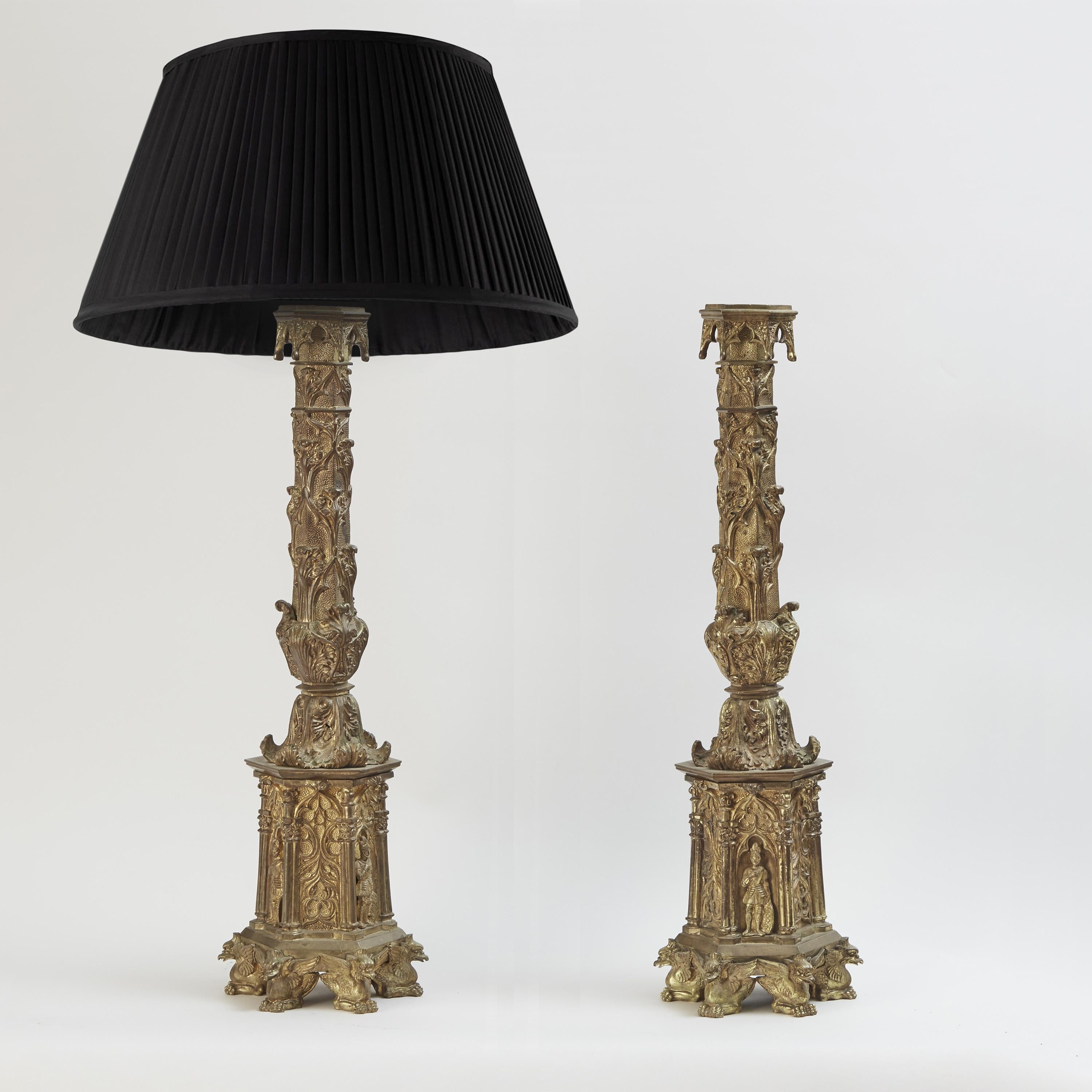 Gothic Revival Pair of Bronze Dore Candlestick Lamps in Gothic Taste