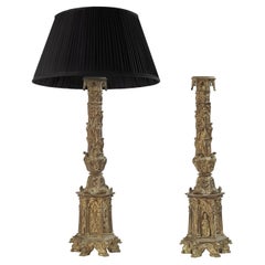 Pair of Bronze Dore Candlestick Lamps in Gothic Taste