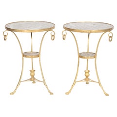 Pair of Bronze Dore Gueridons with Round Marble Tops and Hairy Paw Feet