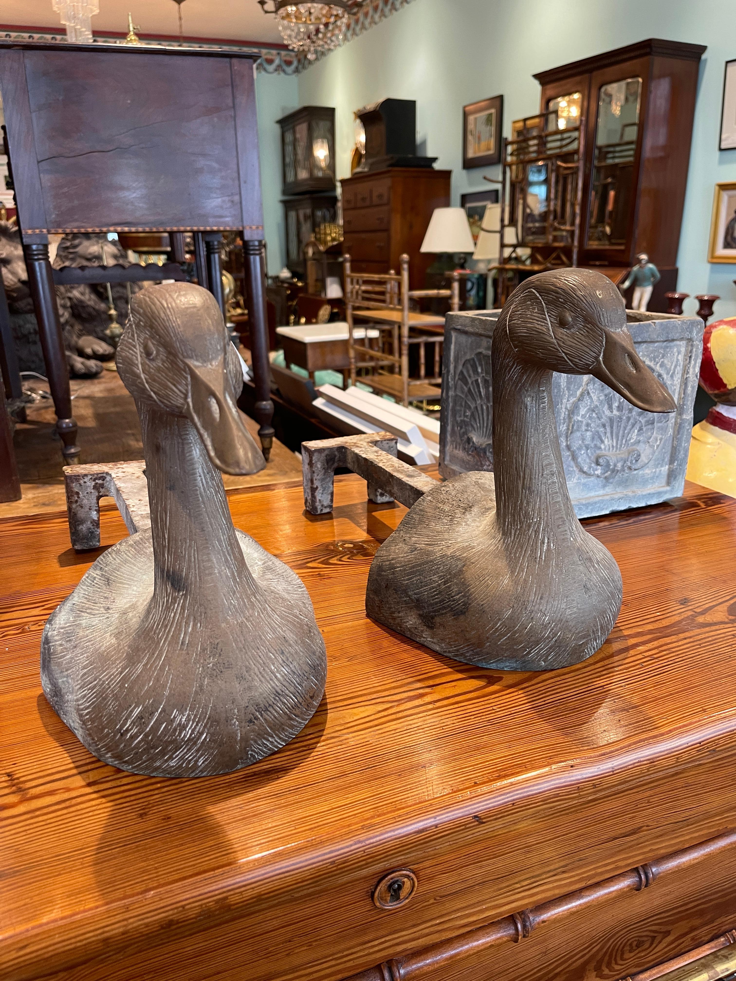 Pair of Bronze Duck Andirons, Early 20th Century  1