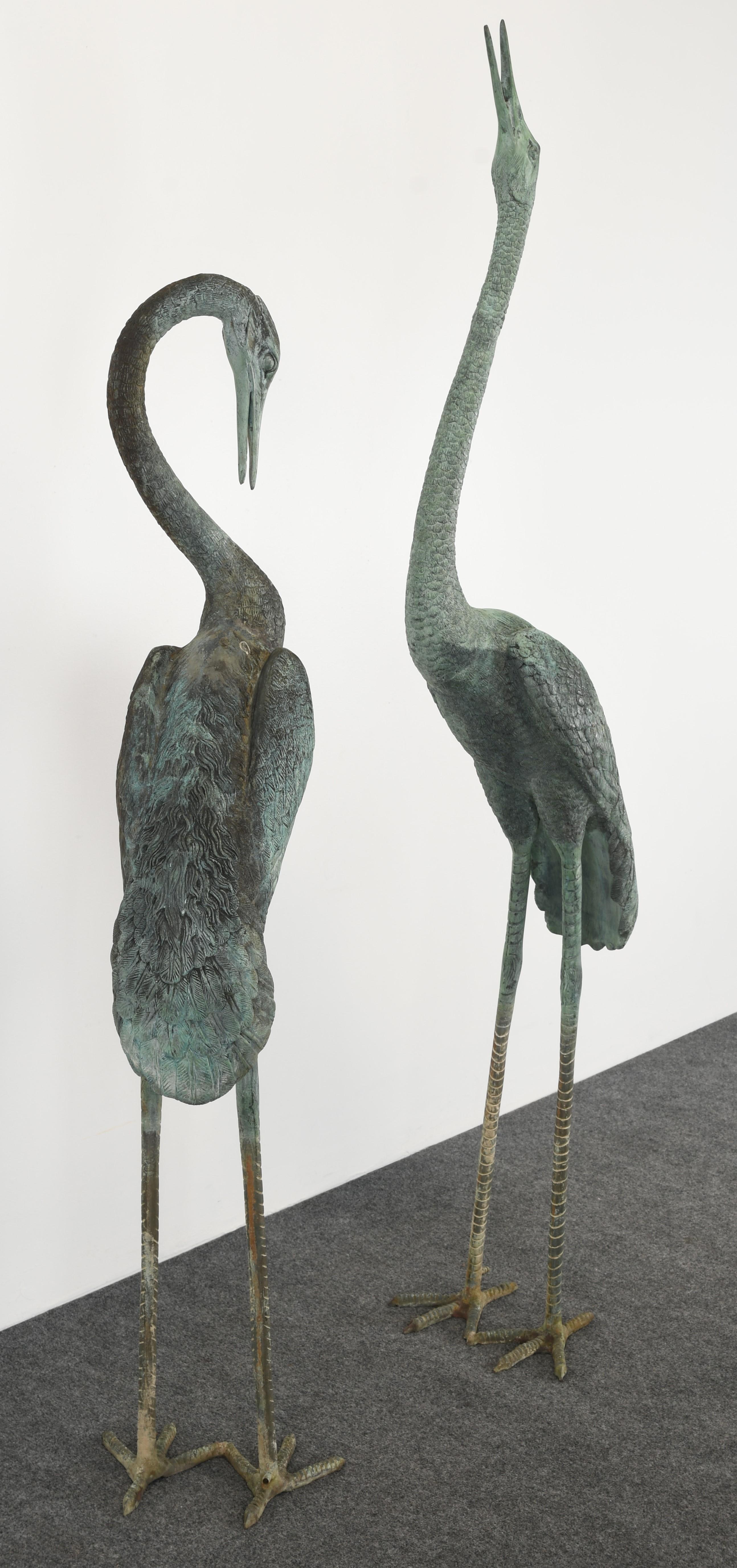 Patinated Pair of Bronze Egret Fountains, 1980s