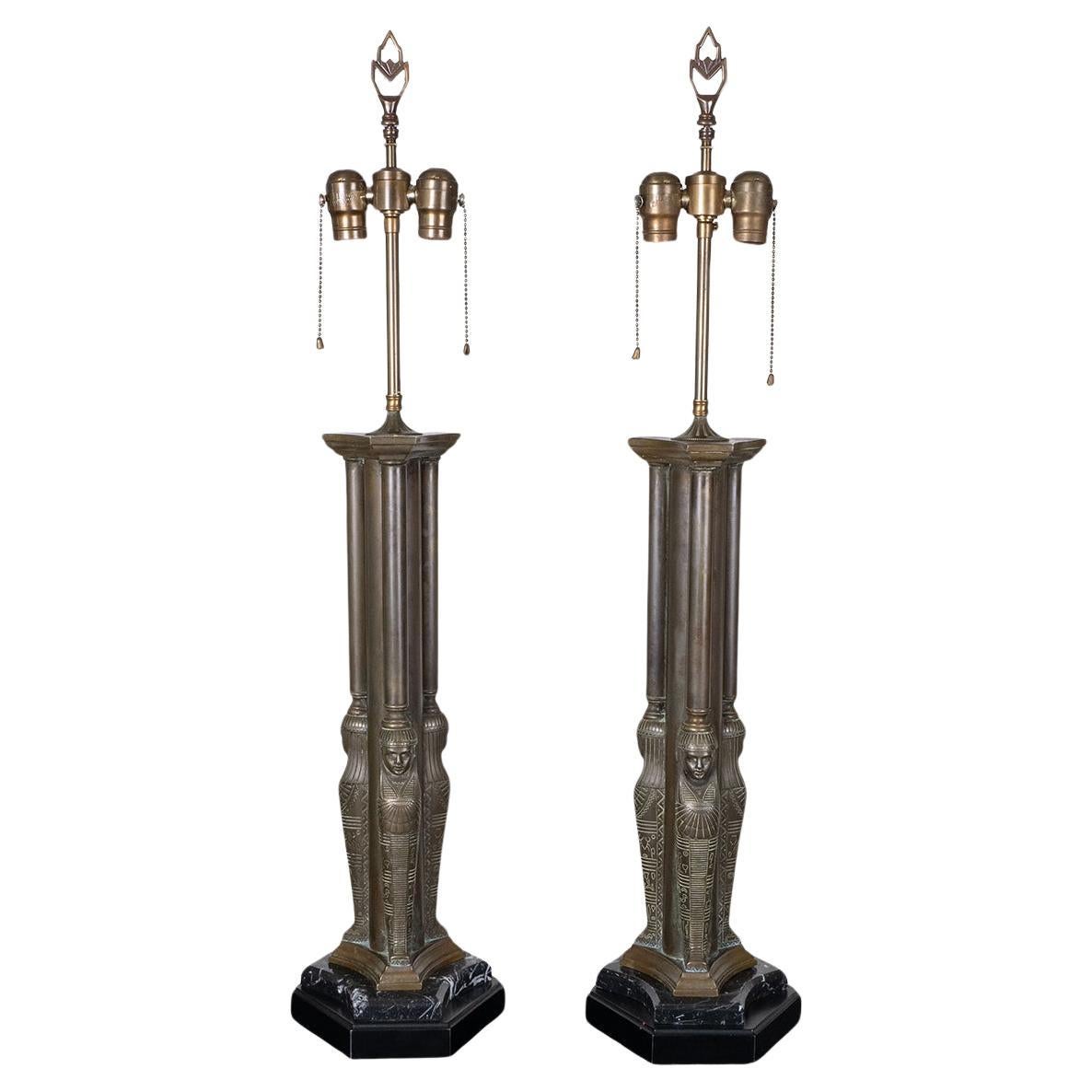 Pair of bronze Egyptian figurehead table lamps For Sale