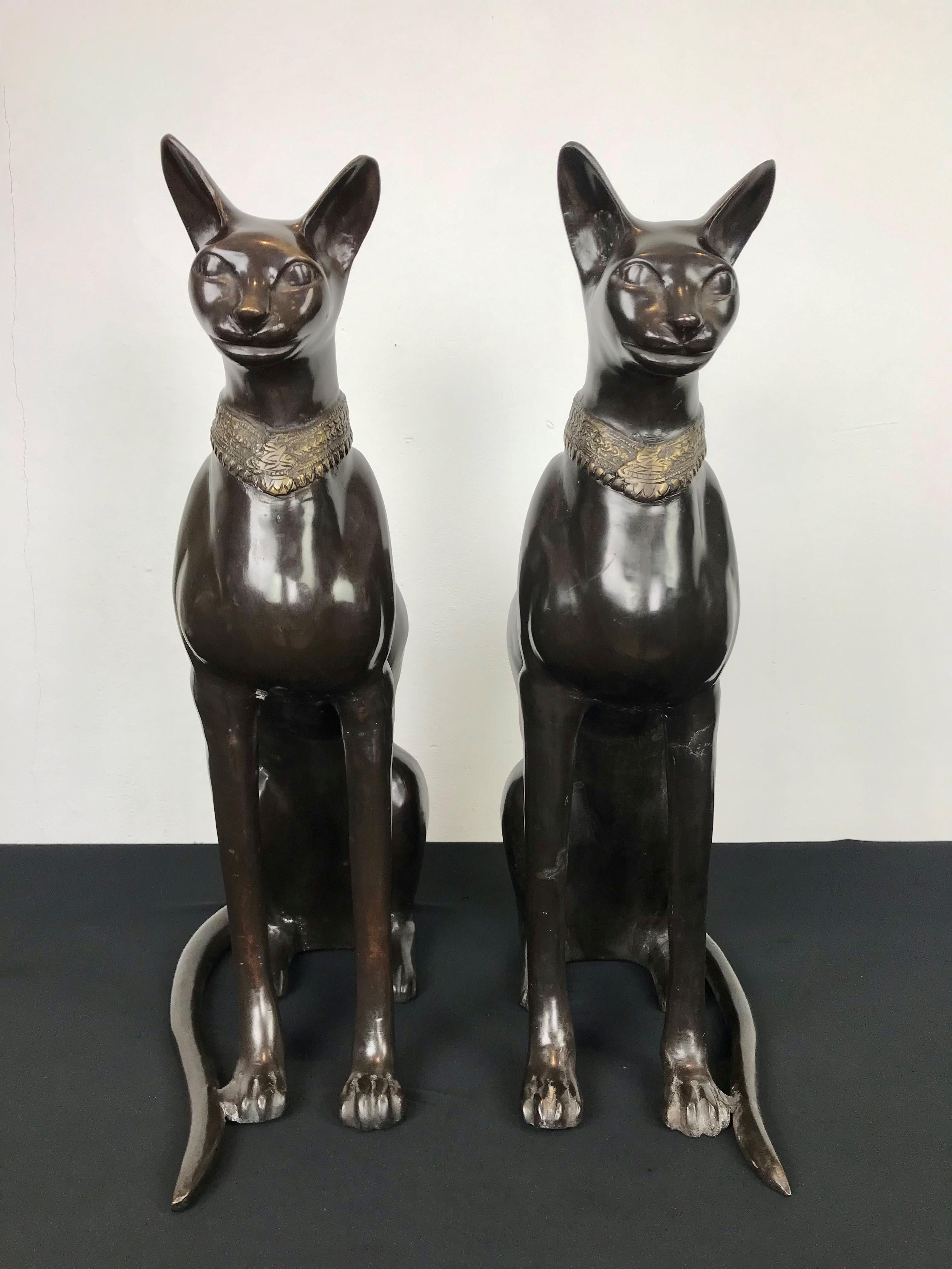 Patinated Pair of Bronze Egyptian Sphynx Cats, Art Deco Style