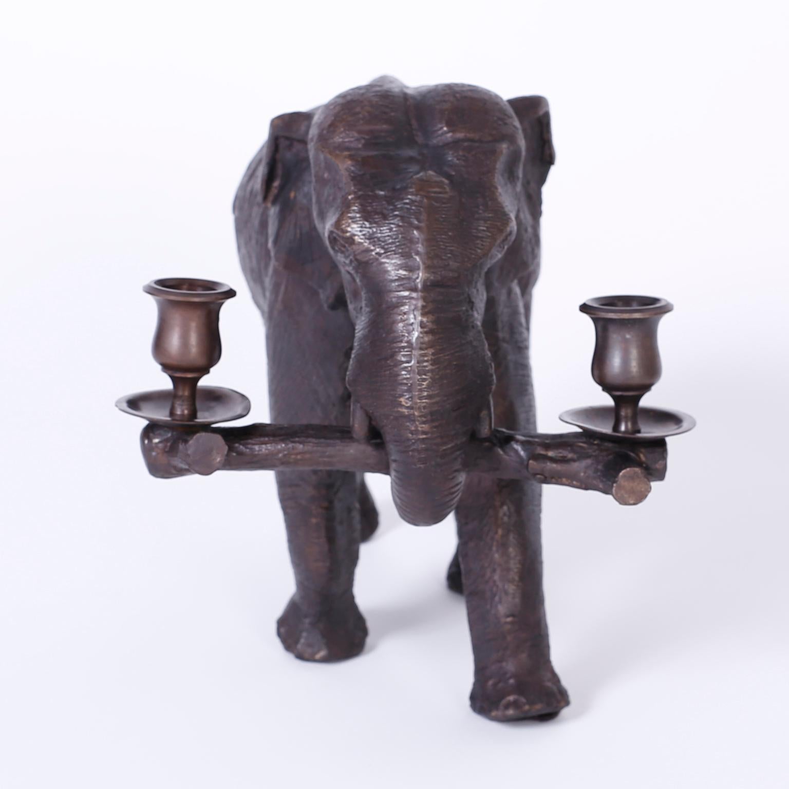 Anglo-Indian Pair of Bronze Elephant Candleholders