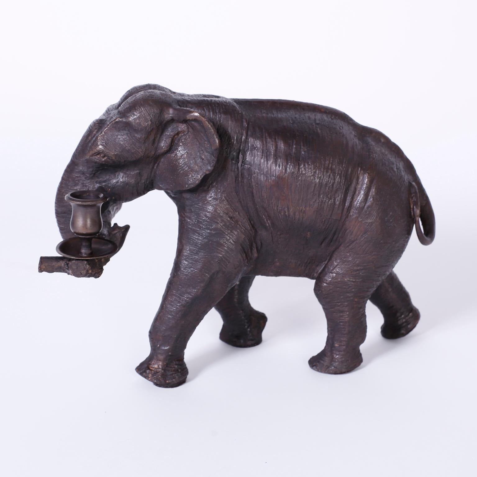 Indian Pair of Bronze Elephant Candleholders