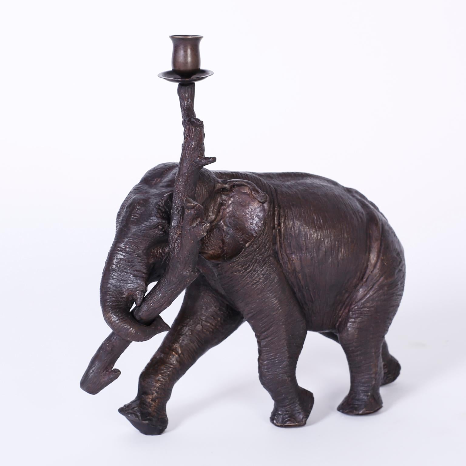 Pair of Bronze Elephant Candleholders In Good Condition In Palm Beach, FL