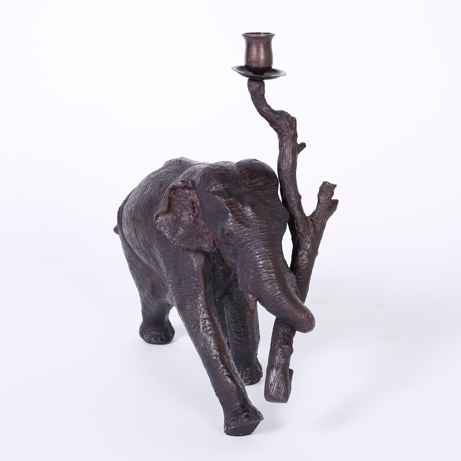 20th Century Pair of Bronze Elephant Candleholders