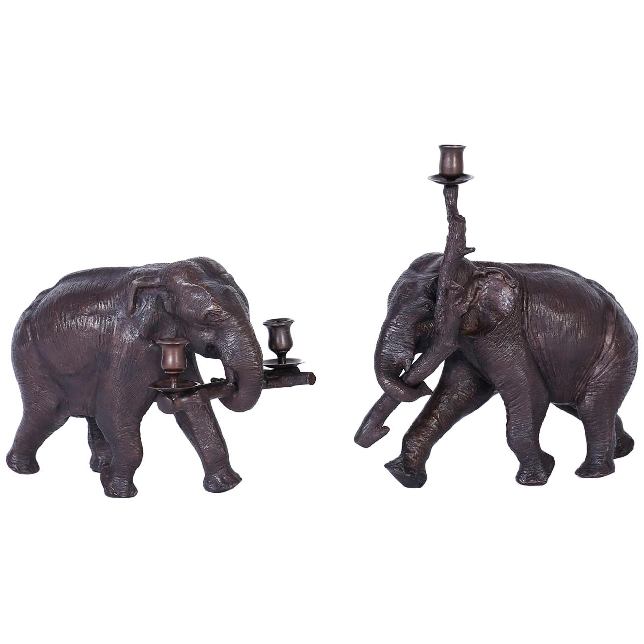 Pair of Bronze Elephant Candleholders
