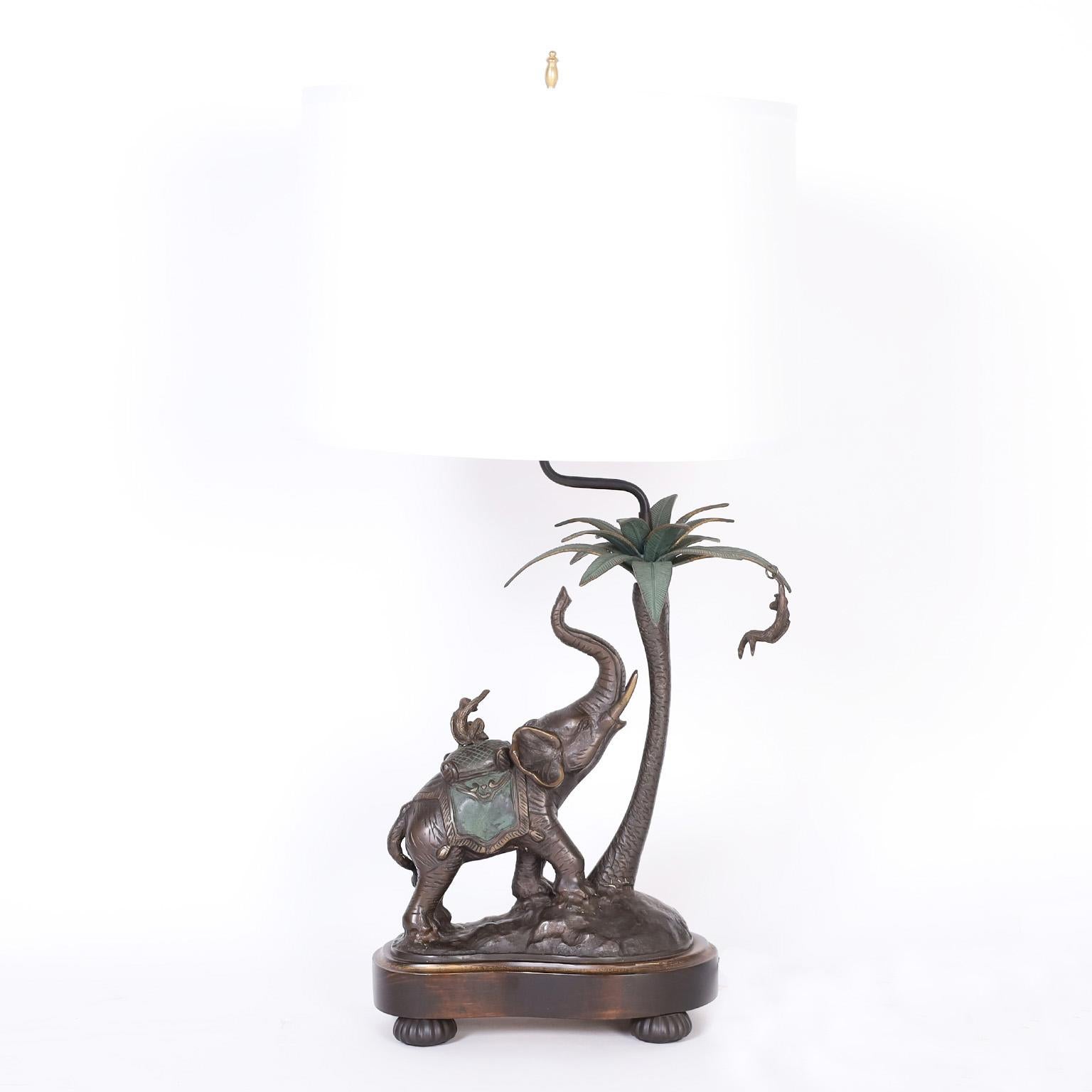 British Colonial Pair of Bronze Elephant Table Lamps