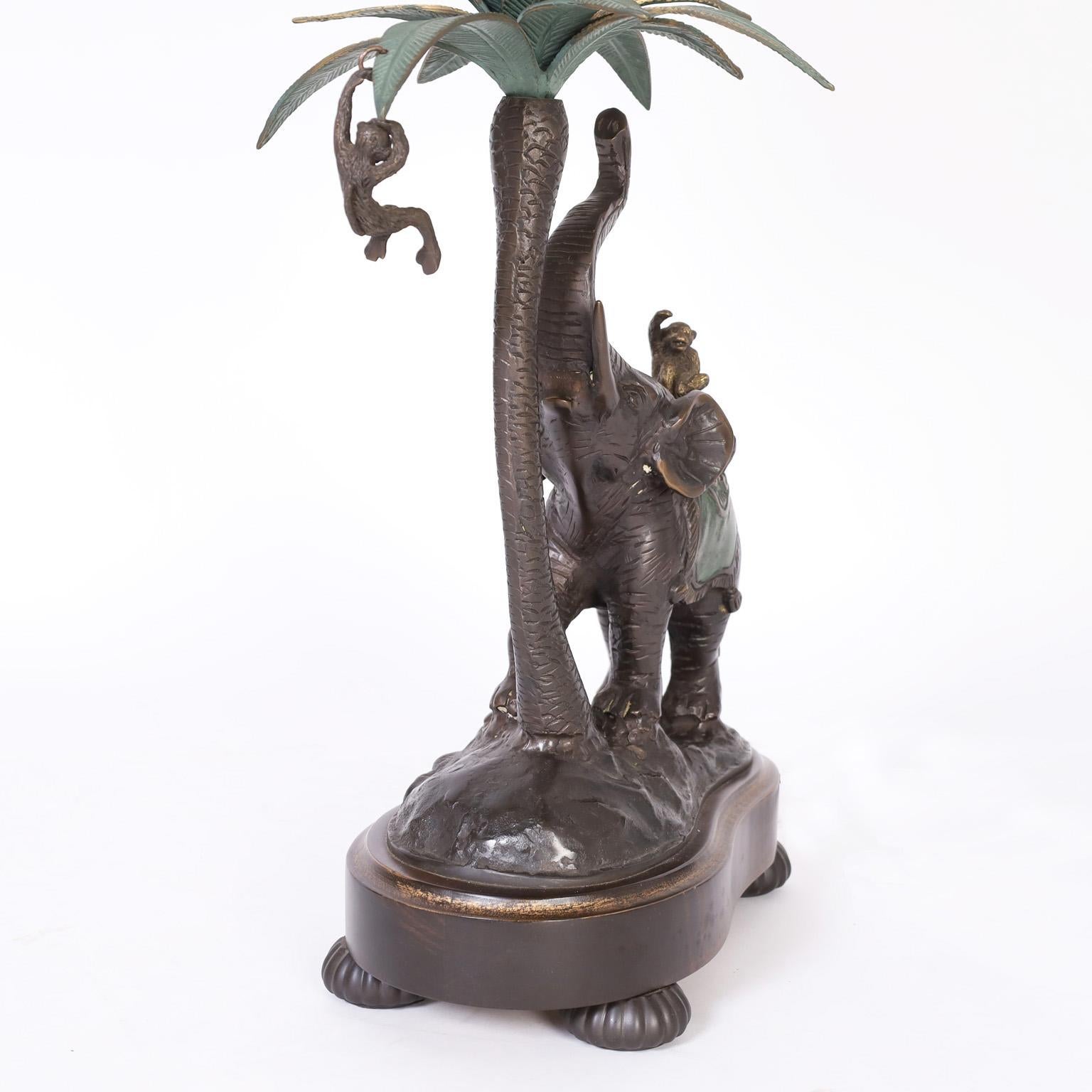 Painted Pair of Bronze Elephant Table Lamps