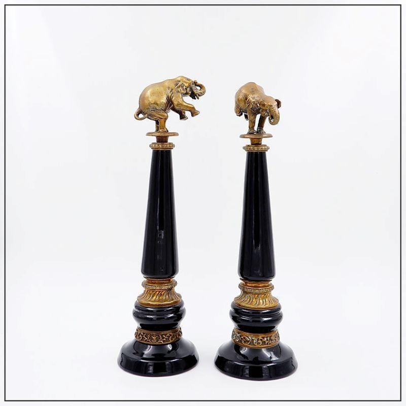 Pair of Bronze elephants on porcelain columns with bronze borders - WONG LEE For Sale 4